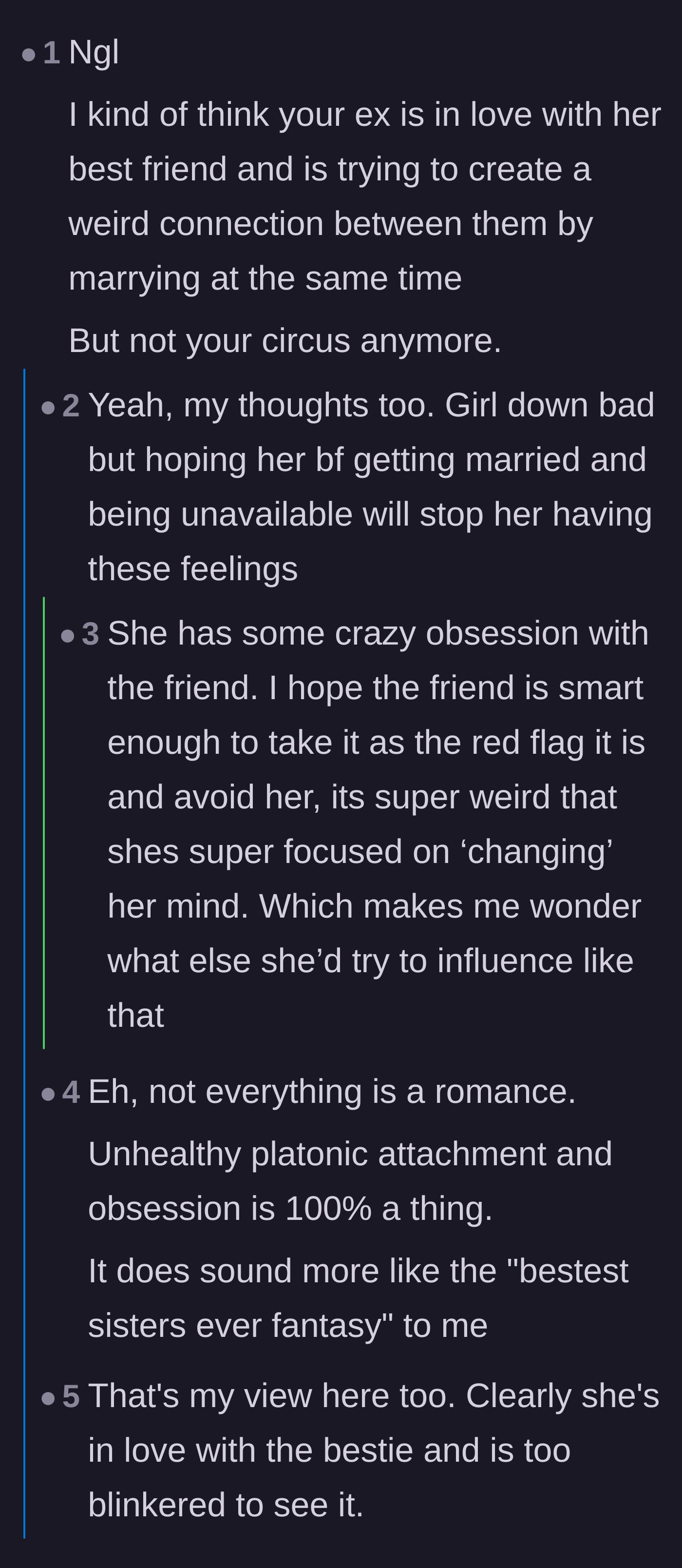 Comment thread 3 - Readers debate whether the ex-girlfriend is secretly in love with her best friend or just suffering from a toxic platonic obsession.