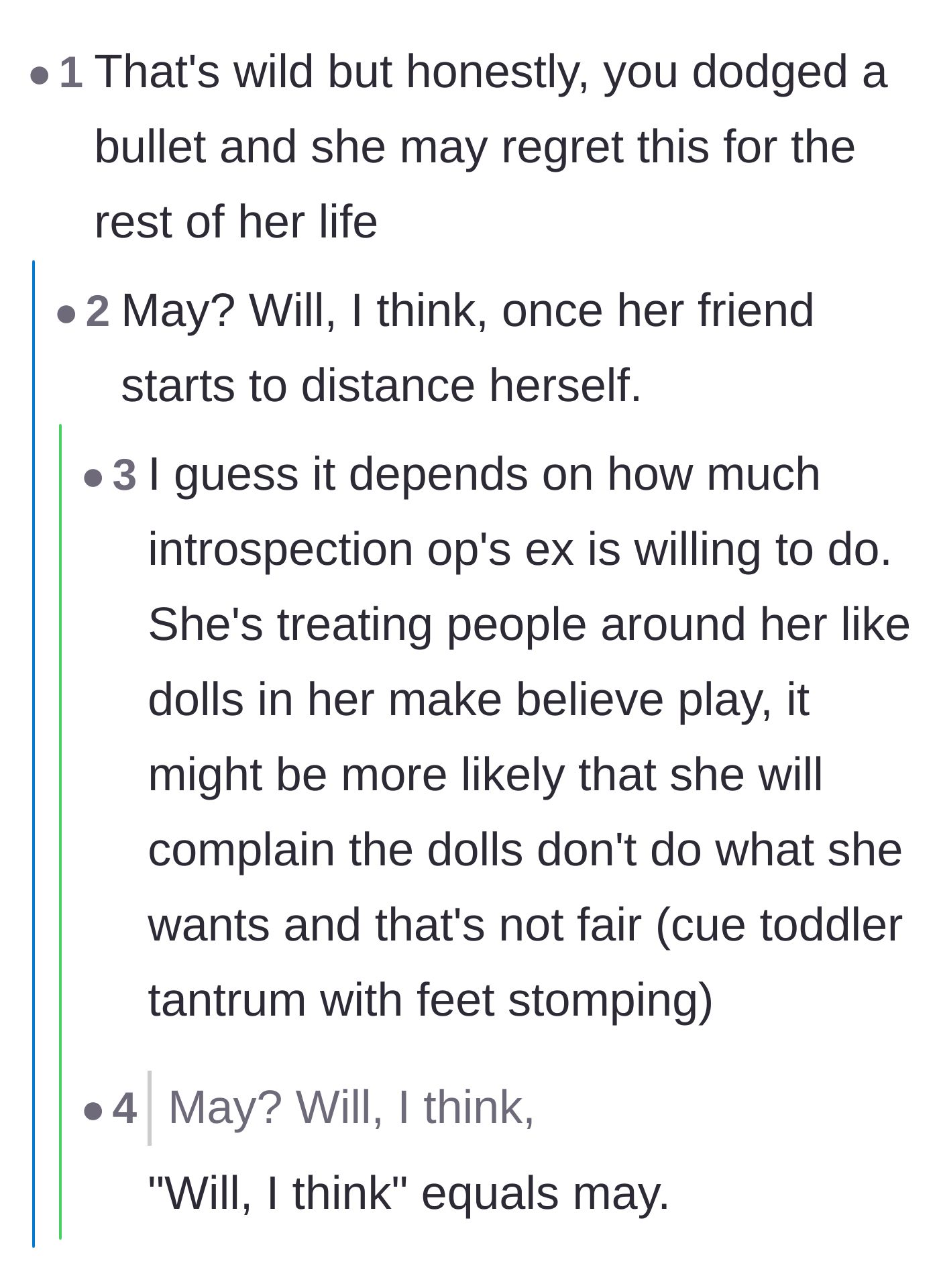 Comment thread 5 - Commenters predict the ex-girlfriend's inevitable regret once she realizes she drove both her partner and best friend away.