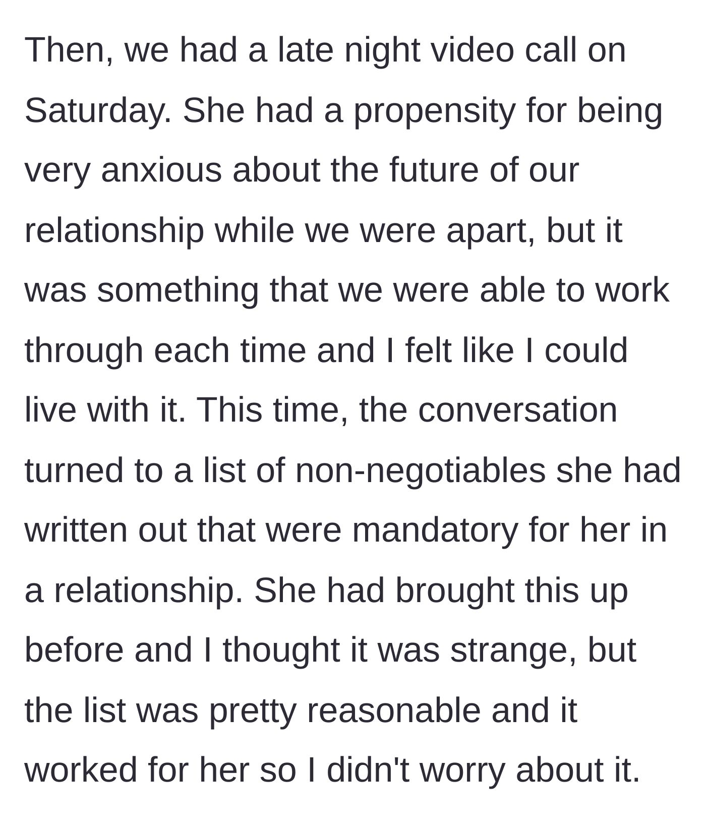 Story part 2 - A woman holding up a literal, exhaustive checklist of relationship demands during a video call.