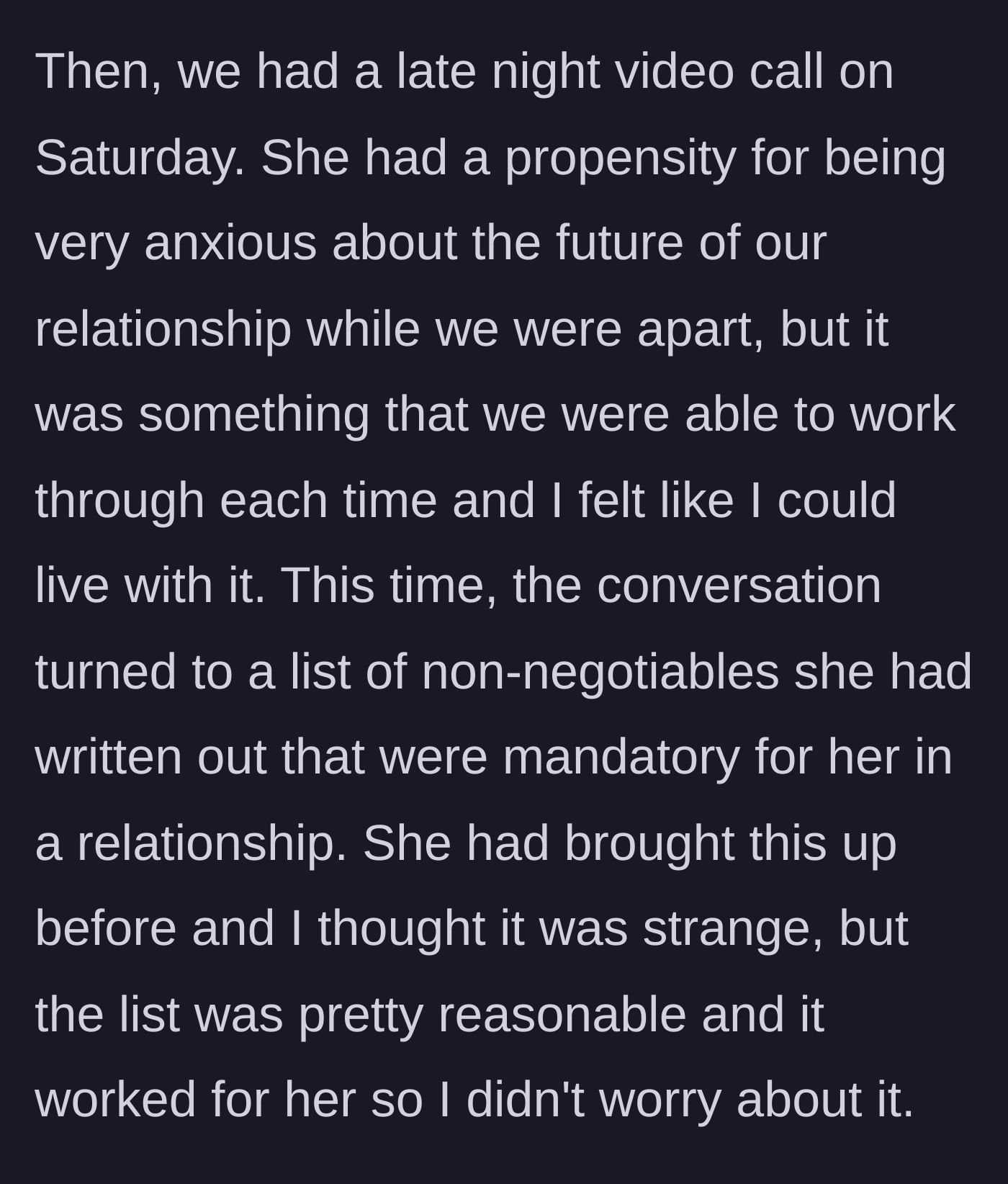 Story part 2 - A woman holding up a literal, exhaustive checklist of relationship demands during a video call.