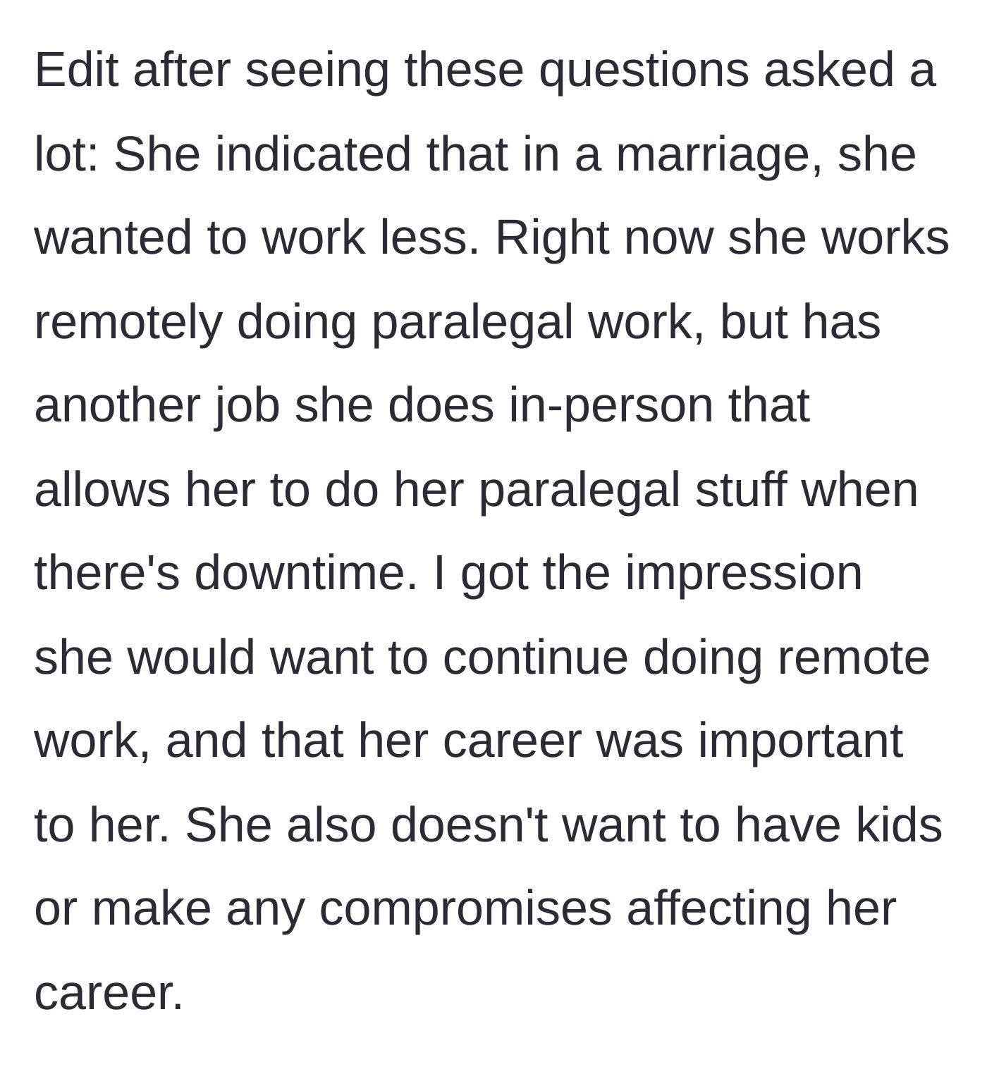 Story part 8 - A woman relaxing at a remote job, envisioning a life where her spouse subsidizes her lack of compromise.