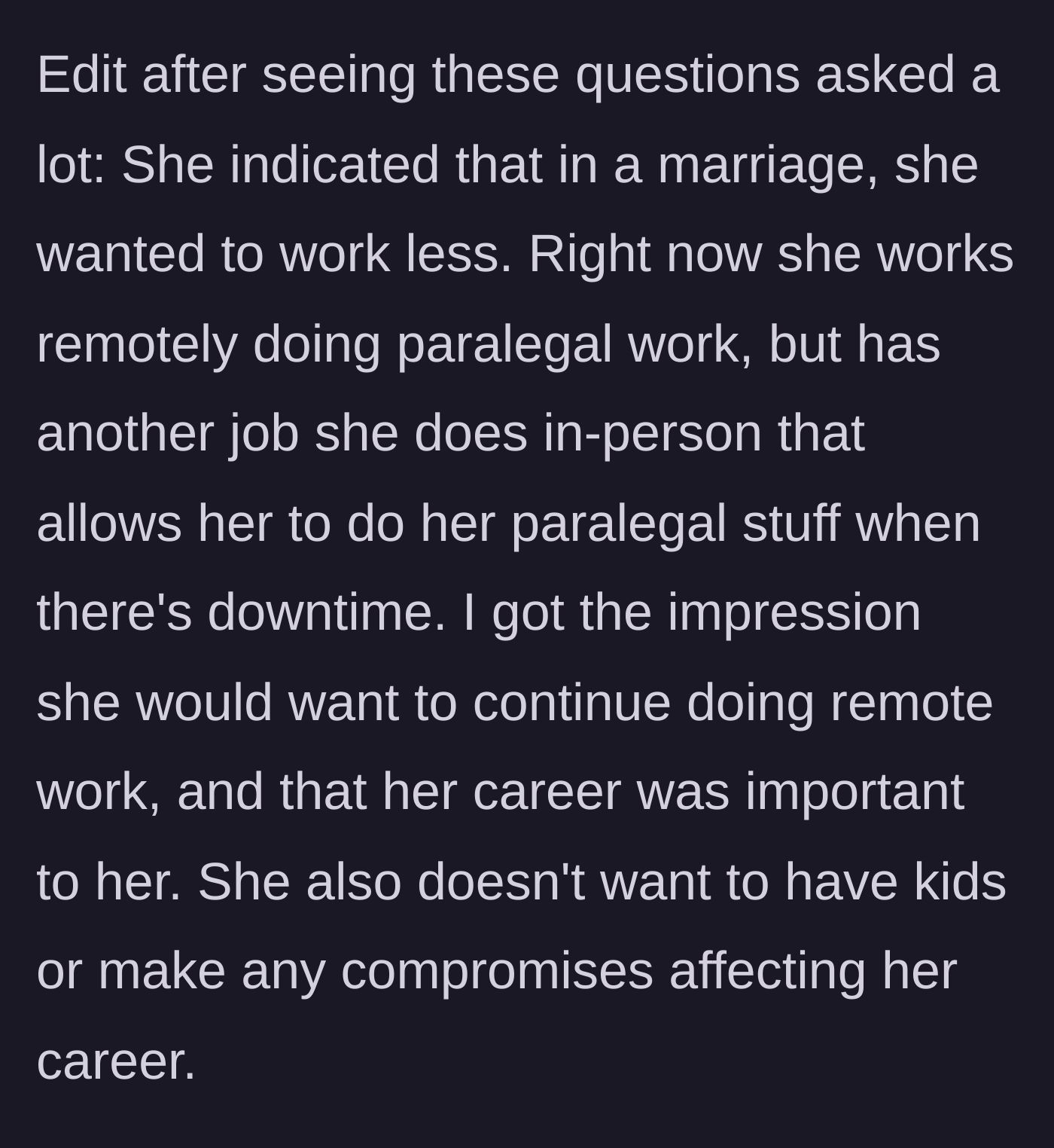 Story part 8 - A woman relaxing at a remote job, envisioning a life where her spouse subsidizes her lack of compromise.