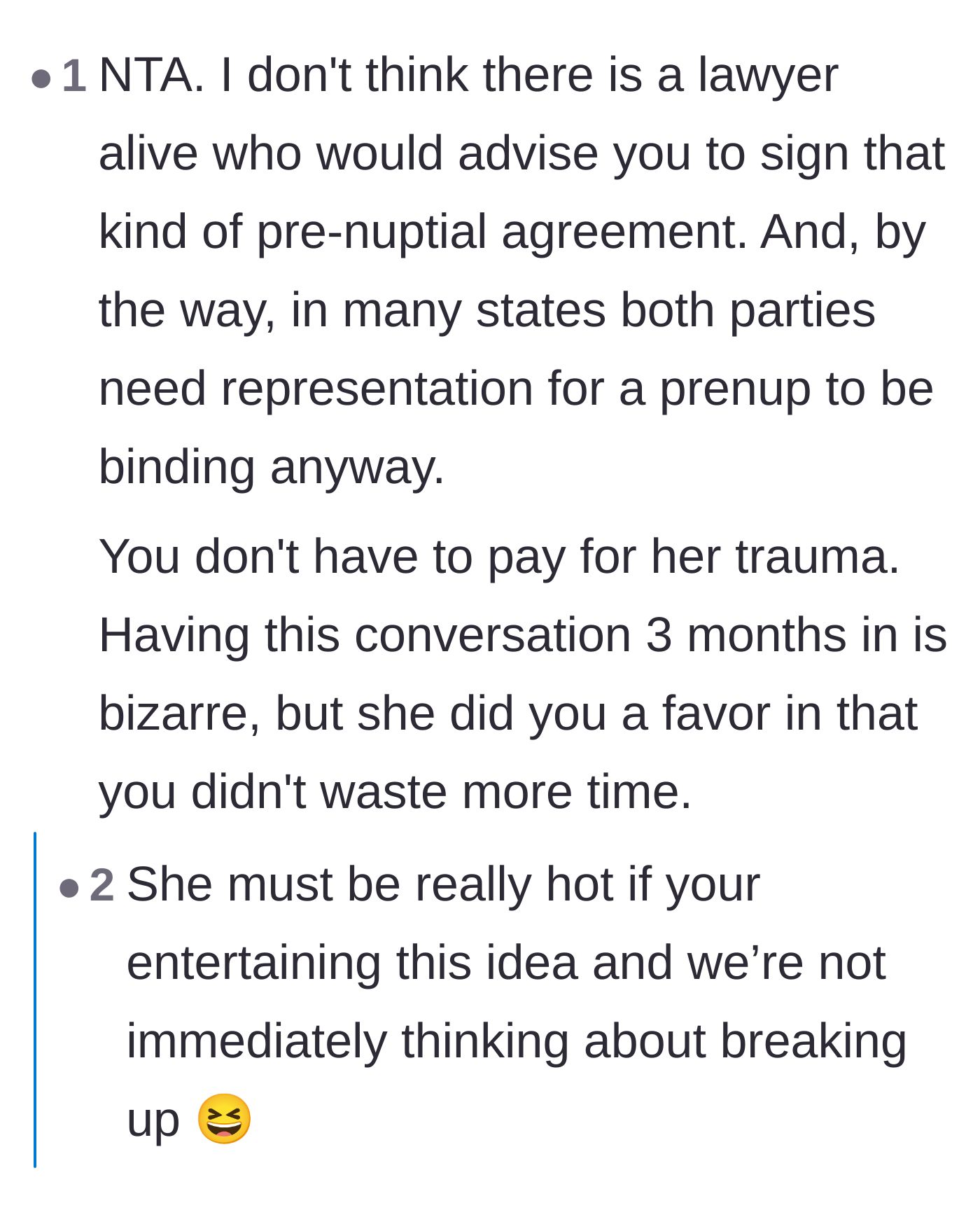 Comment thread 1 - Readers debating the legal absurdity of her demand and speculating on the predatory dating dynamics at play.