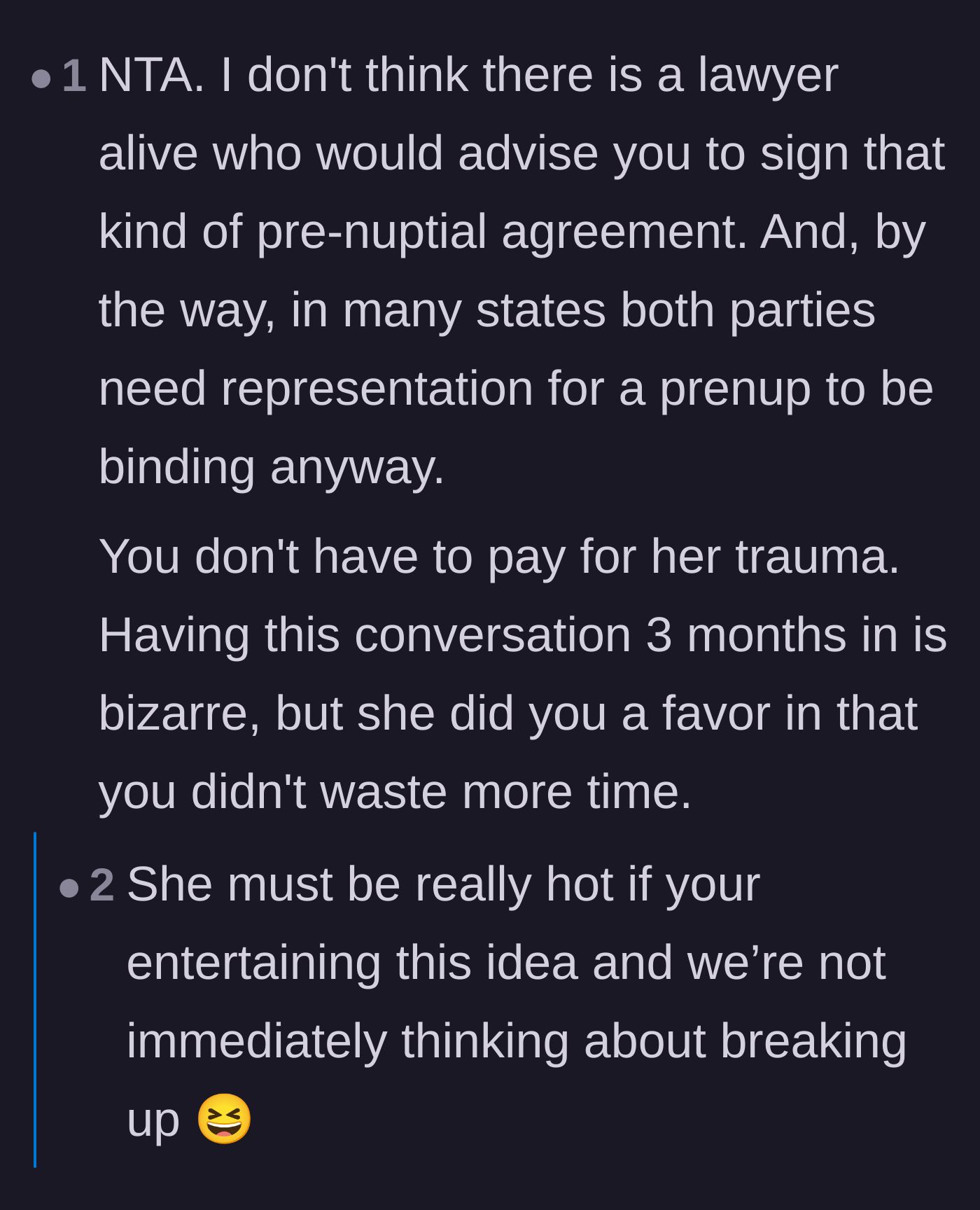 Comment thread 1 - Readers debating the legal absurdity of her demand and speculating on the predatory dating dynamics at play.
