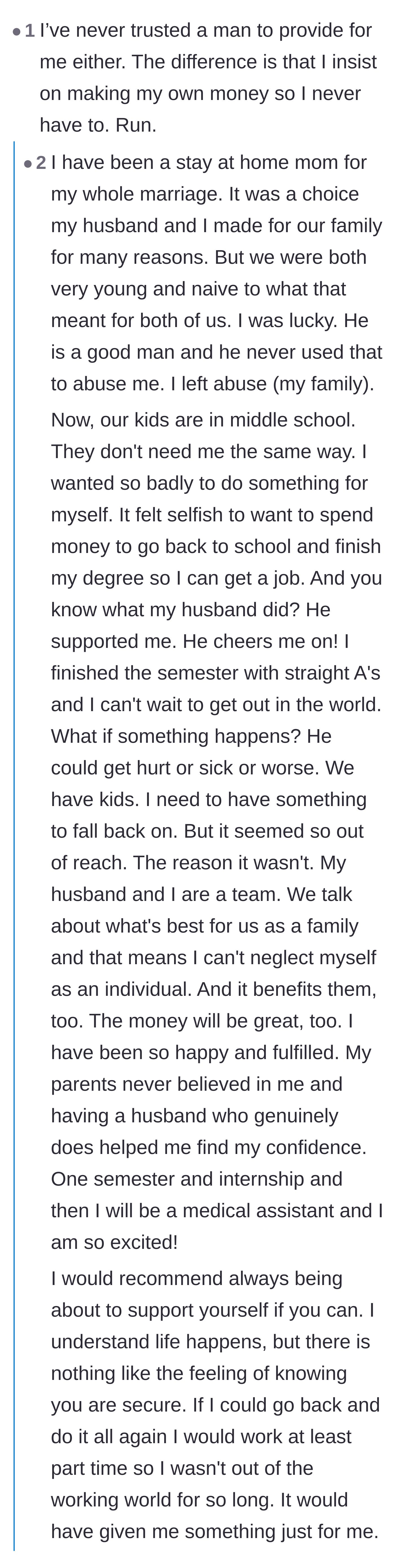 Comment thread 3 - A discussion on true financial independence and the hypocrisy of demanding a partner's income while refusing to compromise on a career.