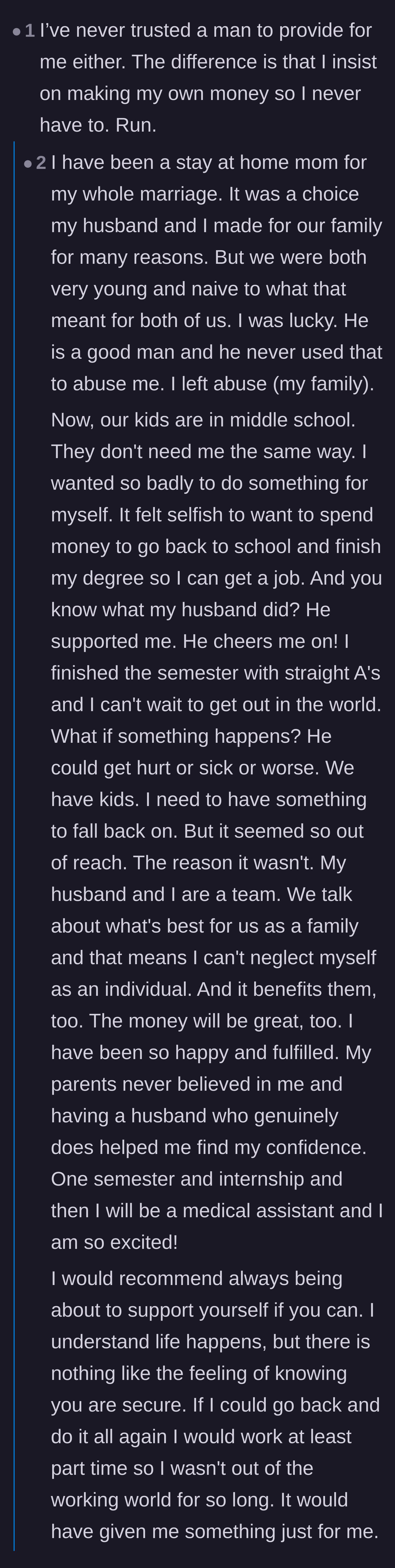Comment thread 3 - A discussion on true financial independence and the hypocrisy of demanding a partner's income while refusing to compromise on a career.