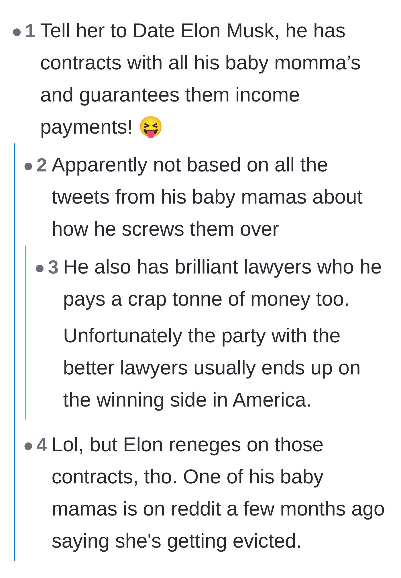 Comment thread 5 - A humorous debate about billionaire baby mamas that pivots into an analysis of child support loopholes.