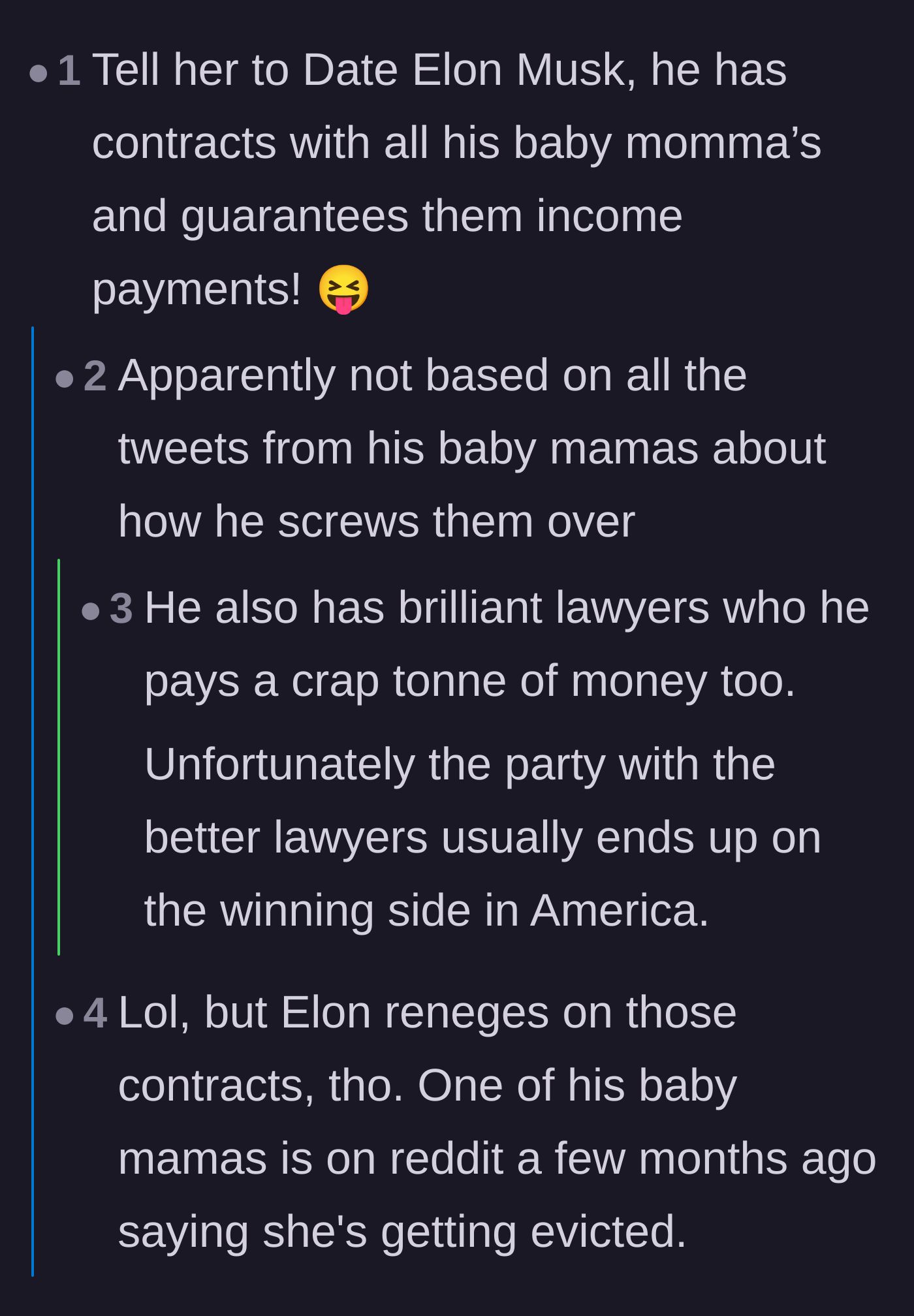 Comment thread 5 - A humorous debate about billionaire baby mamas that pivots into an analysis of child support loopholes.