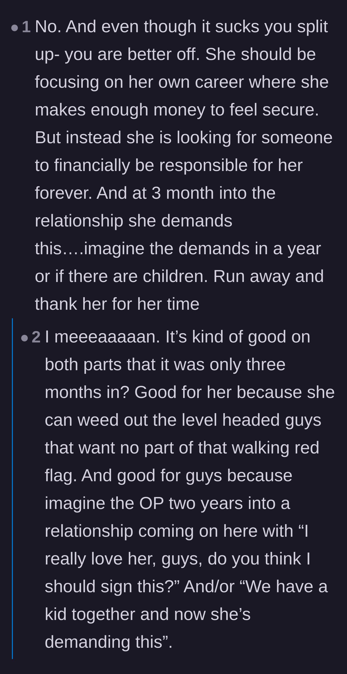 Comment thread 6 - Readers pointing out the massive bullet dodged by experiencing this ultimatum at three months instead of three years.