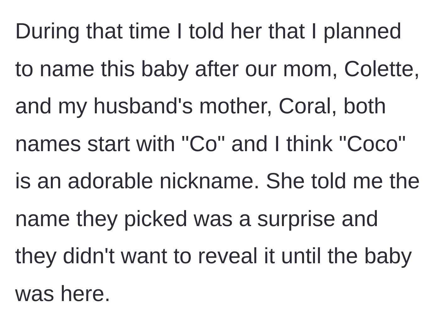 Story part 2 - The younger sister reveals her plan to name her baby Colette (Coco) after their mother, while the older sister refuses to share her chosen names.
