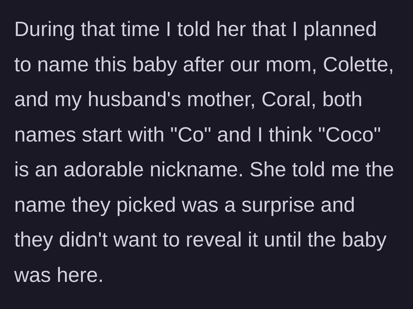Story part 2 - The younger sister reveals her plan to name her baby Colette (Coco) after their mother, while the older sister refuses to share her chosen names.