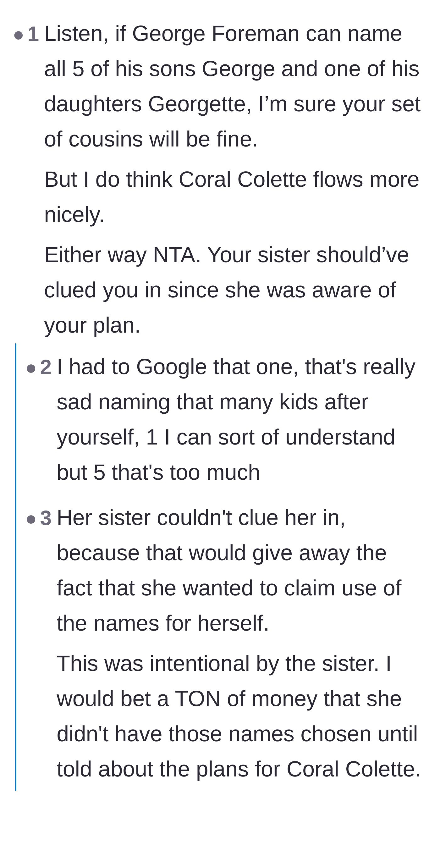 Comment thread 1 - Readers joking about George Foreman naming all his kids the exact same name to prove the cousins will be fine.