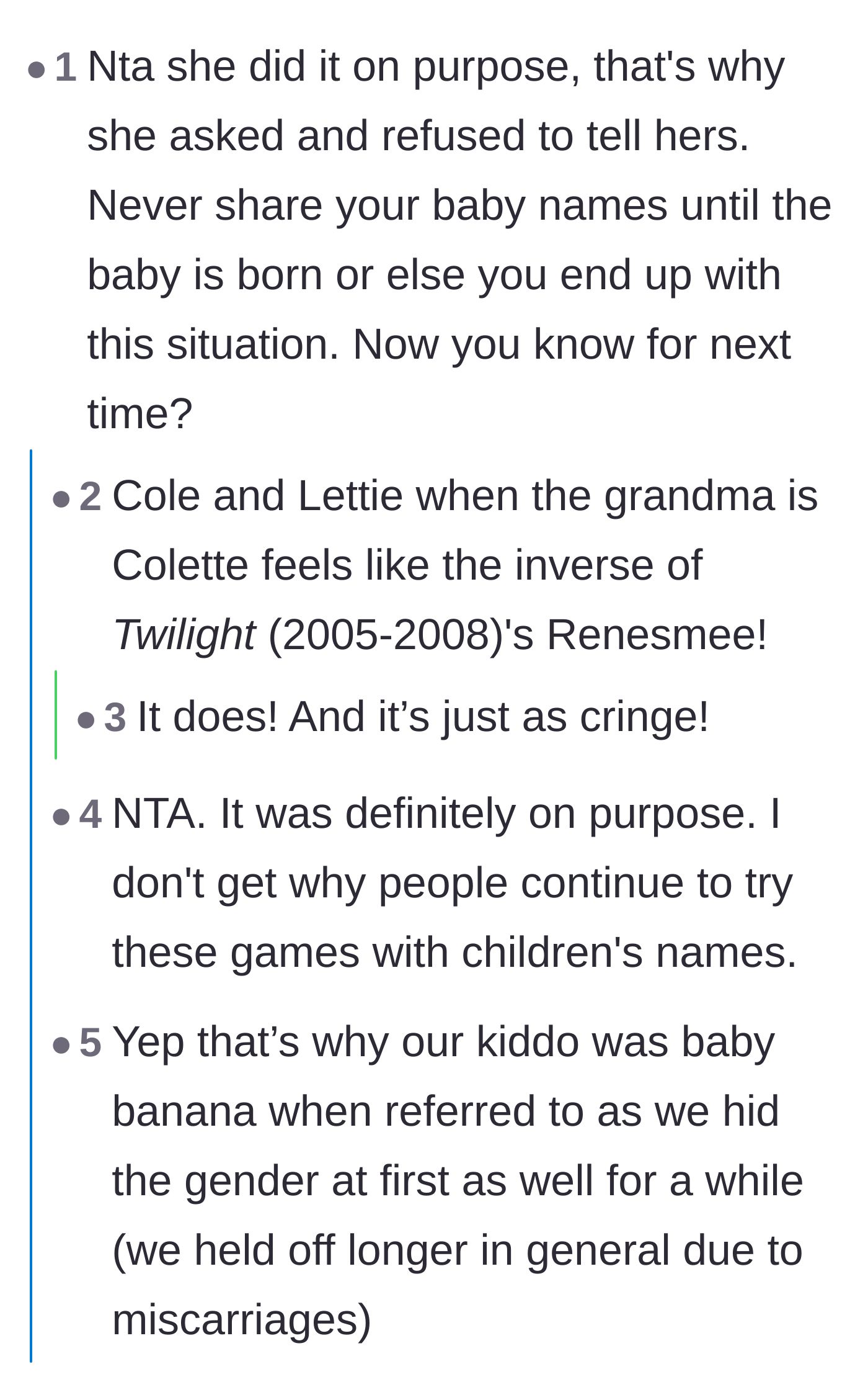 Comment thread 2 - A discussion comparing the sister's chopped-up baby names to the cringe-worthy name Renesmee from Twilight.
