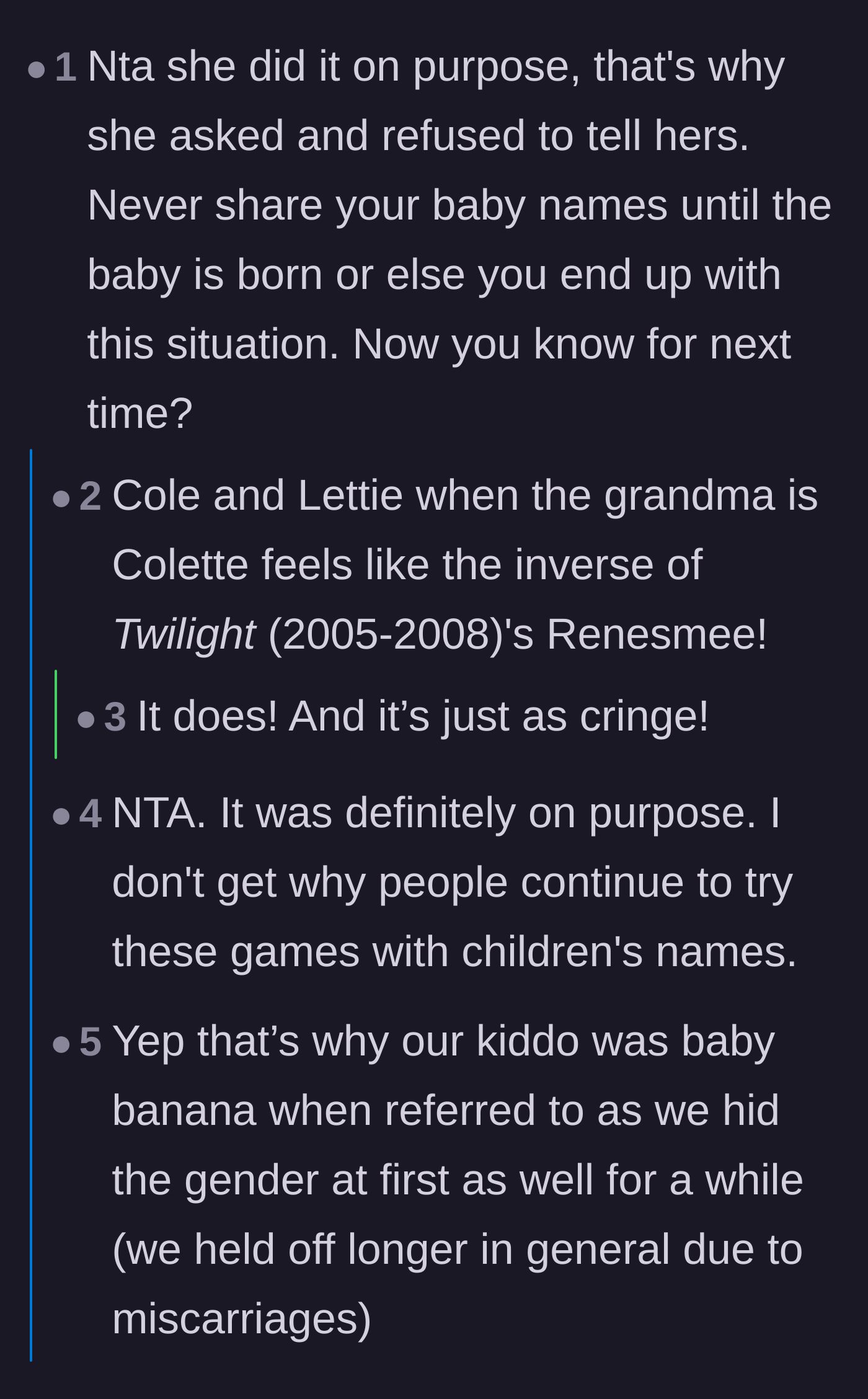 Comment thread 2 - A discussion comparing the sister's chopped-up baby names to the cringe-worthy name Renesmee from Twilight.