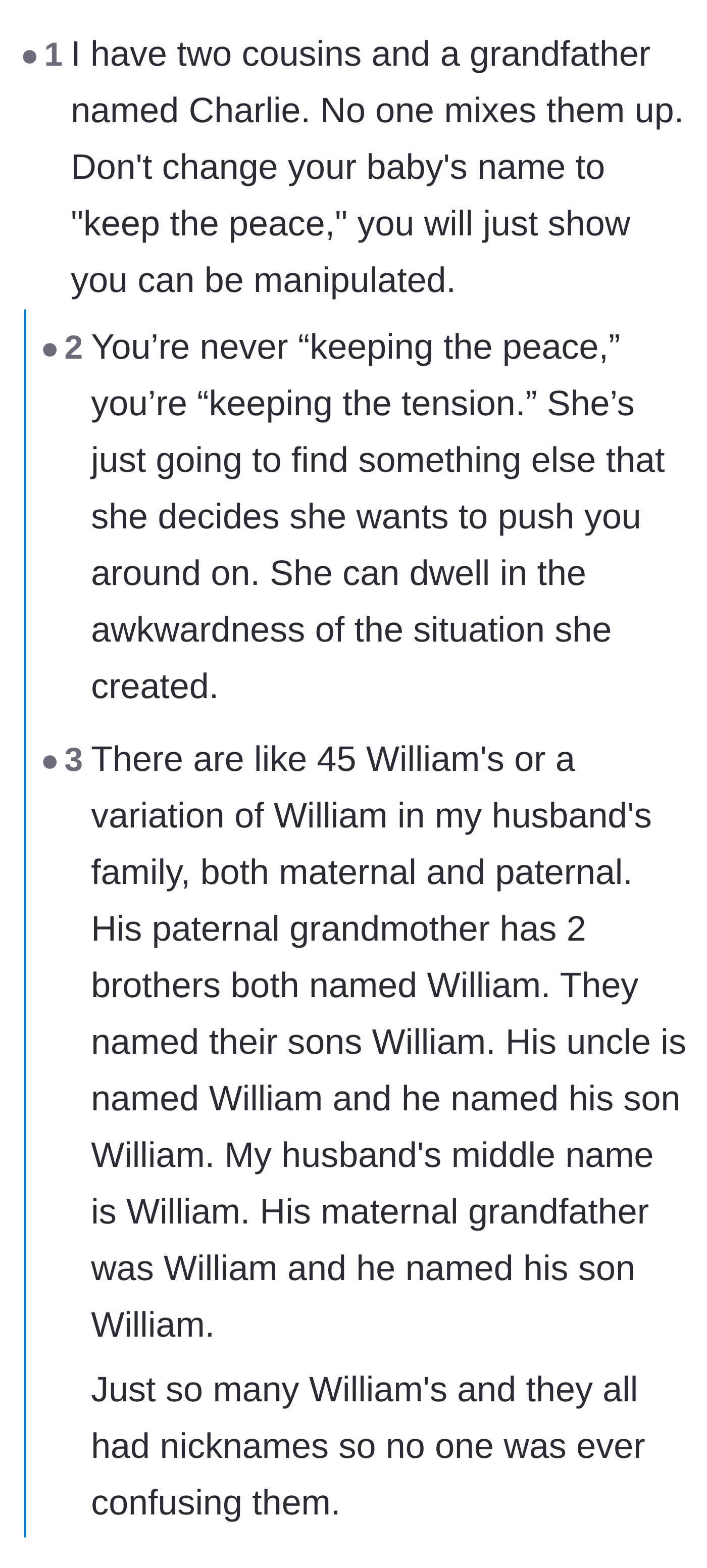 Comment thread 5 - Readers sharing stories of huge families with identical names, pointing out that 'keeping the peace' just enables manipulation.