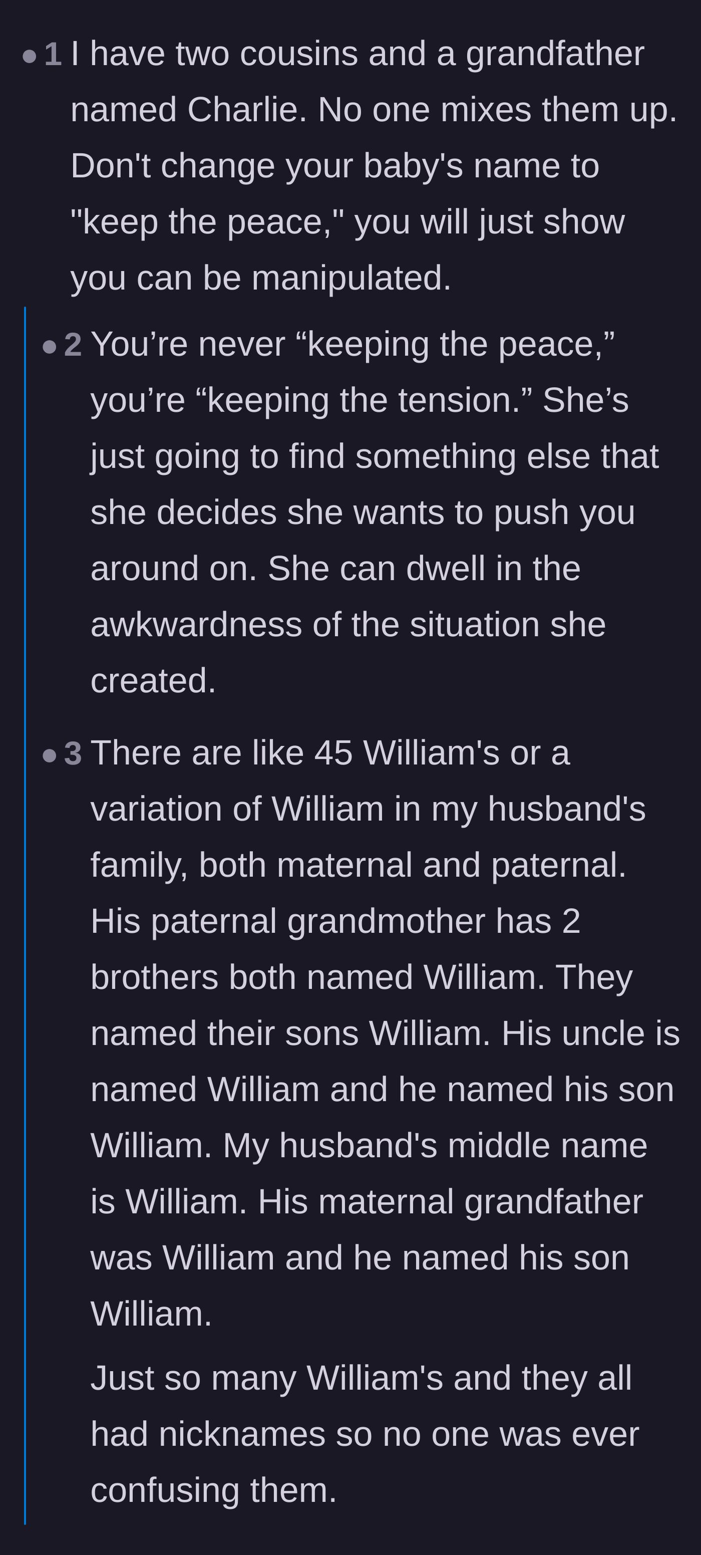 Comment thread 5 - Readers sharing stories of huge families with identical names, pointing out that 'keeping the peace' just enables manipulation.