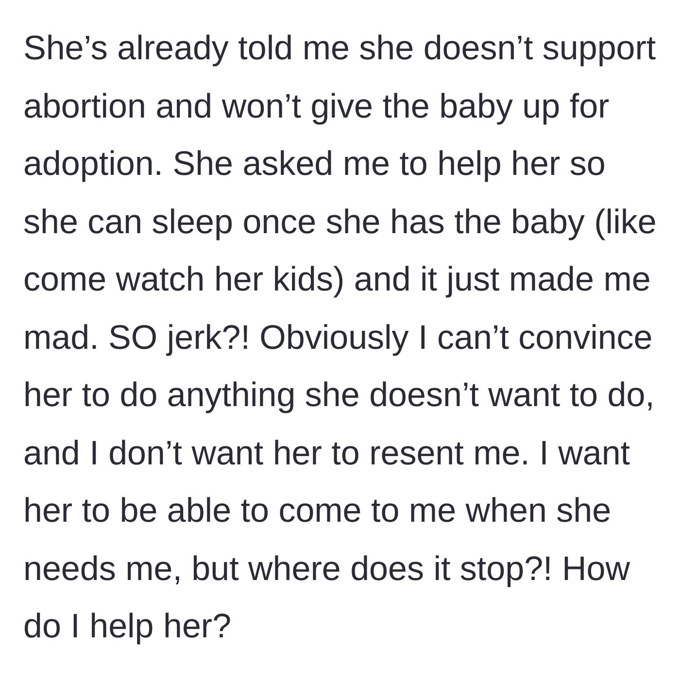 Story part 4 - The mother demanding her relative provide free, on-call childcare so she can sleep after the fourth baby is born.