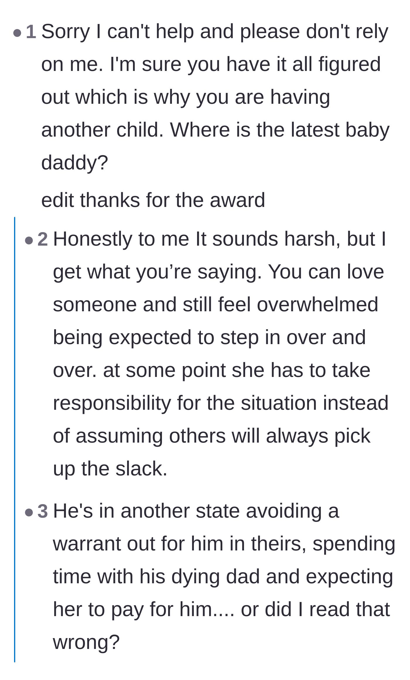 Comment thread 1 - Advice on delivering a firm, sarcastic rejection while questioning the absent father