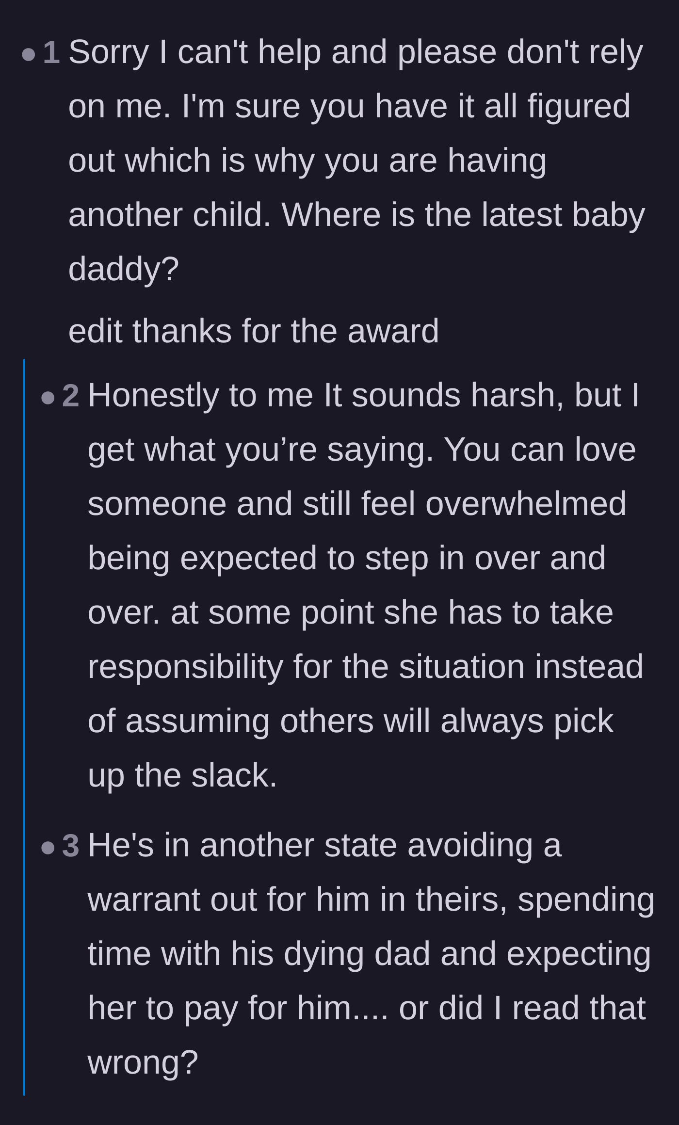 Comment thread 1 - Advice on delivering a firm, sarcastic rejection while questioning the absent father