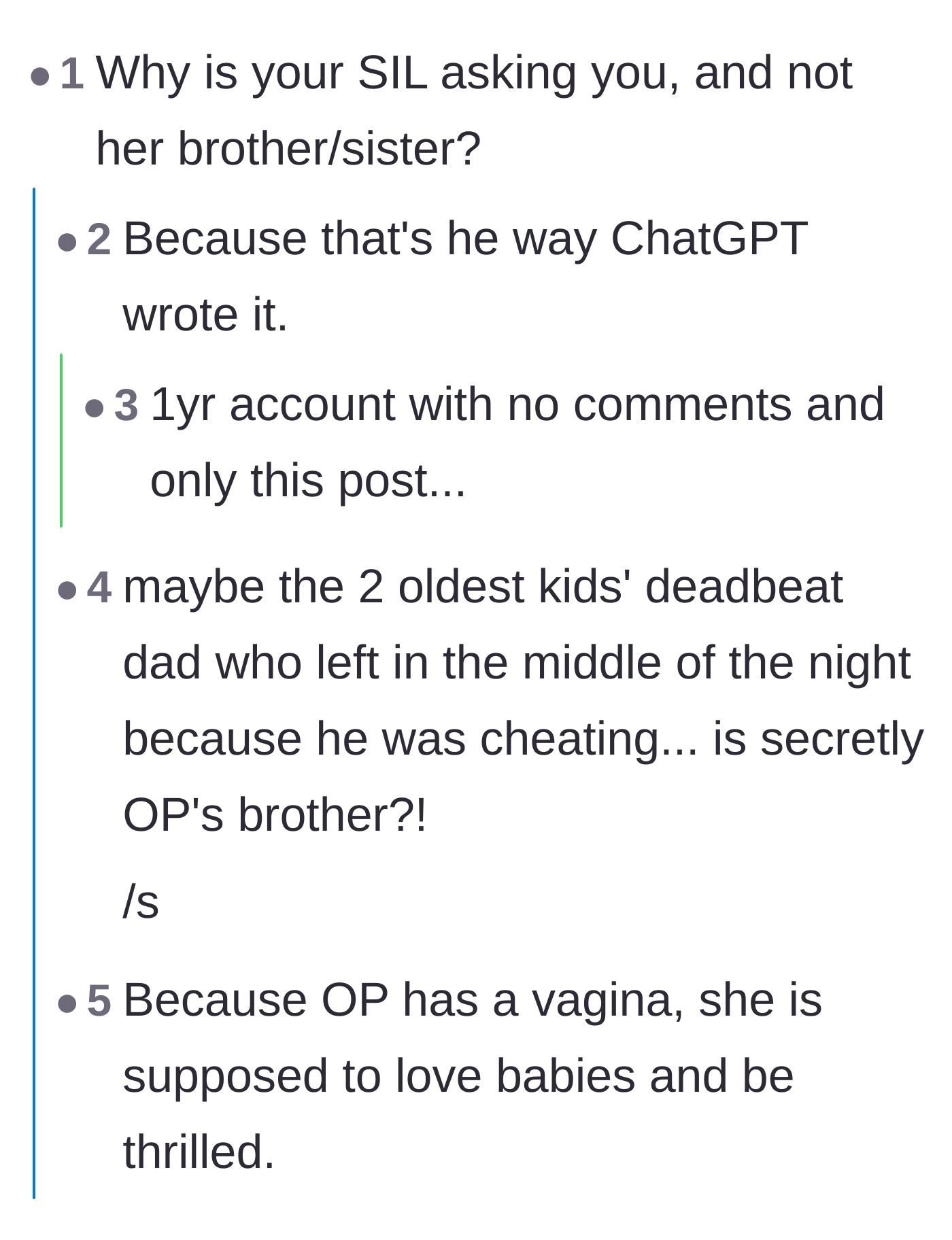 Comment thread 2 - Users questioning the family dynamic and pointing out the sexist assumption that the female relative should provide childcare