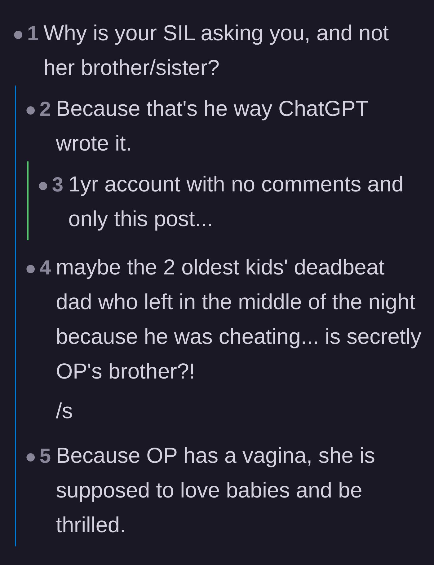 Comment thread 2 - Users questioning the family dynamic and pointing out the sexist assumption that the female relative should provide childcare