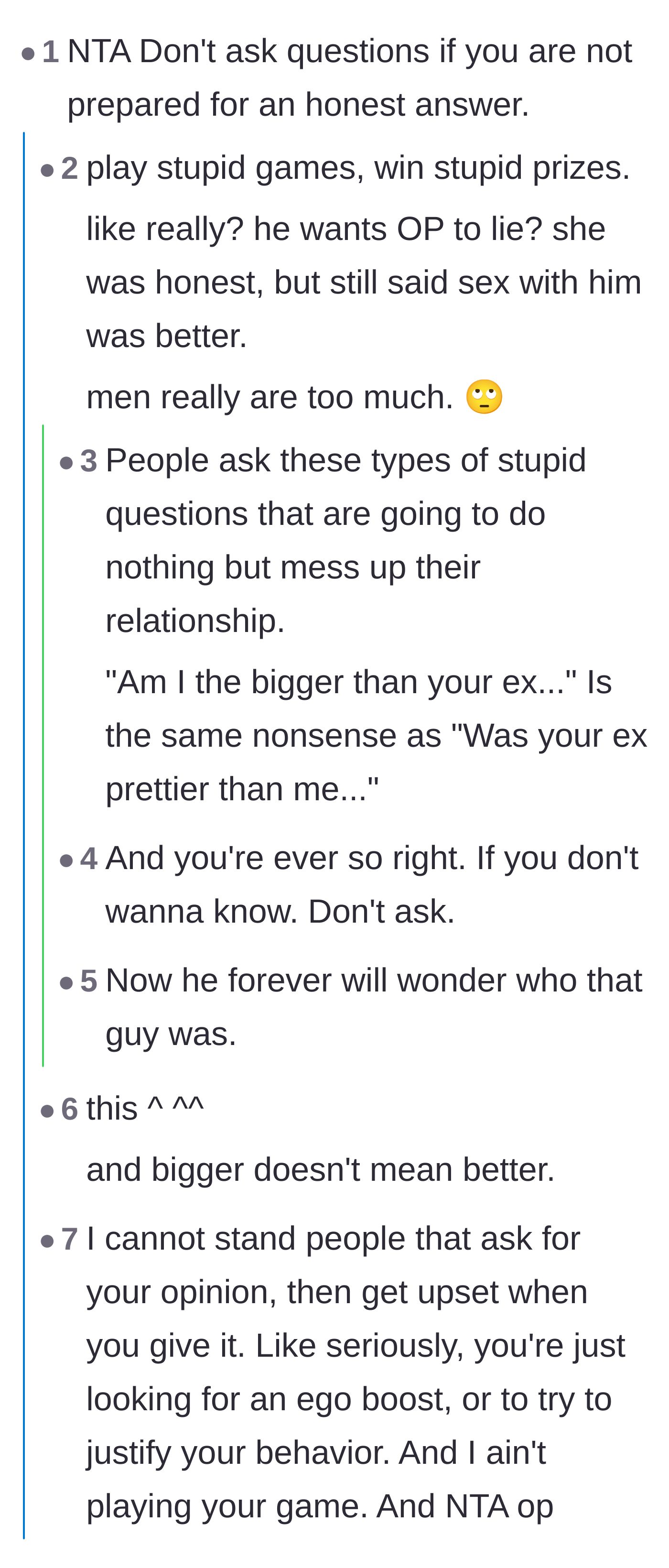 Comment thread 1 - Discussing the dangers of asking insecure questions about past partners