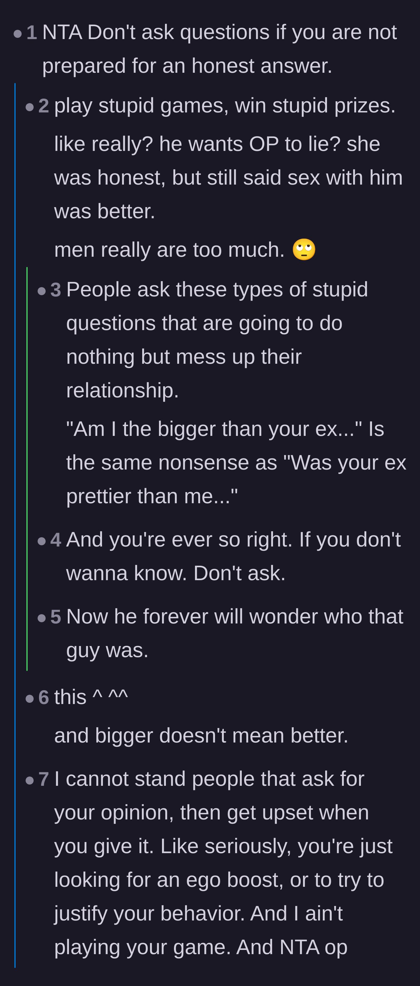 Comment thread 1 - Discussing the dangers of asking insecure questions about past partners