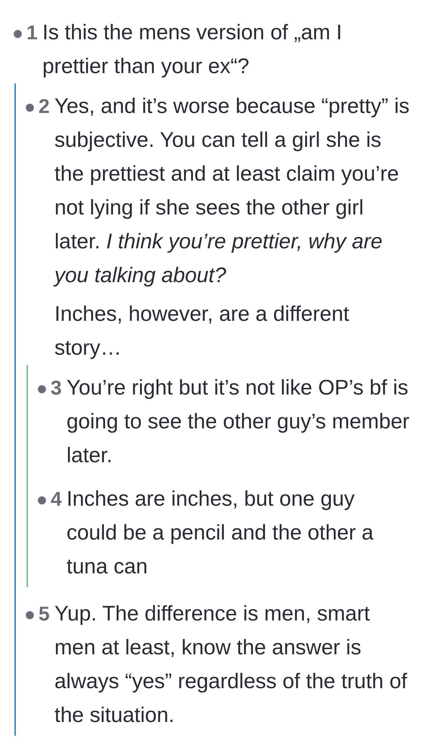 Comment thread 2 - Comparing the boyfriend's question to asking who is prettier