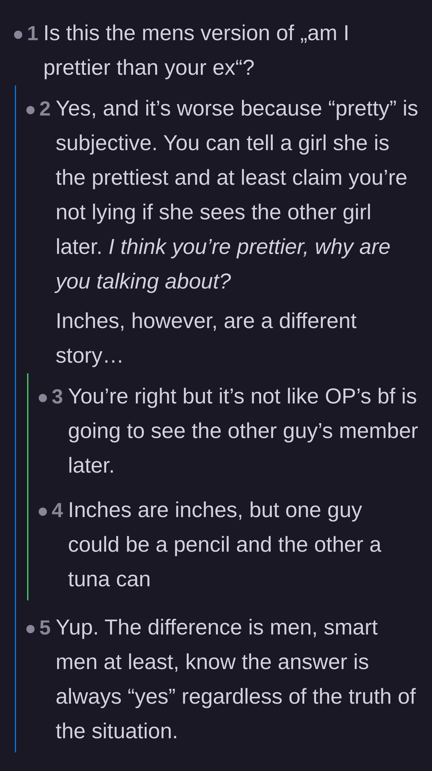 Comment thread 2 - Comparing the boyfriend's question to asking who is prettier