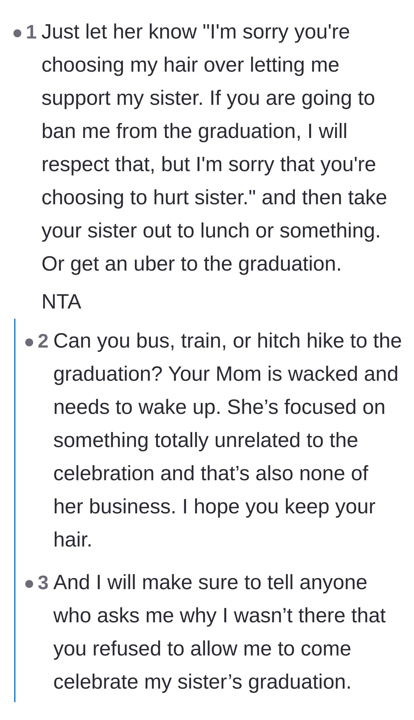 Comment thread 1 - Advice on gracefully redirecting the guilt trip back onto the mother and finding alternative transport.