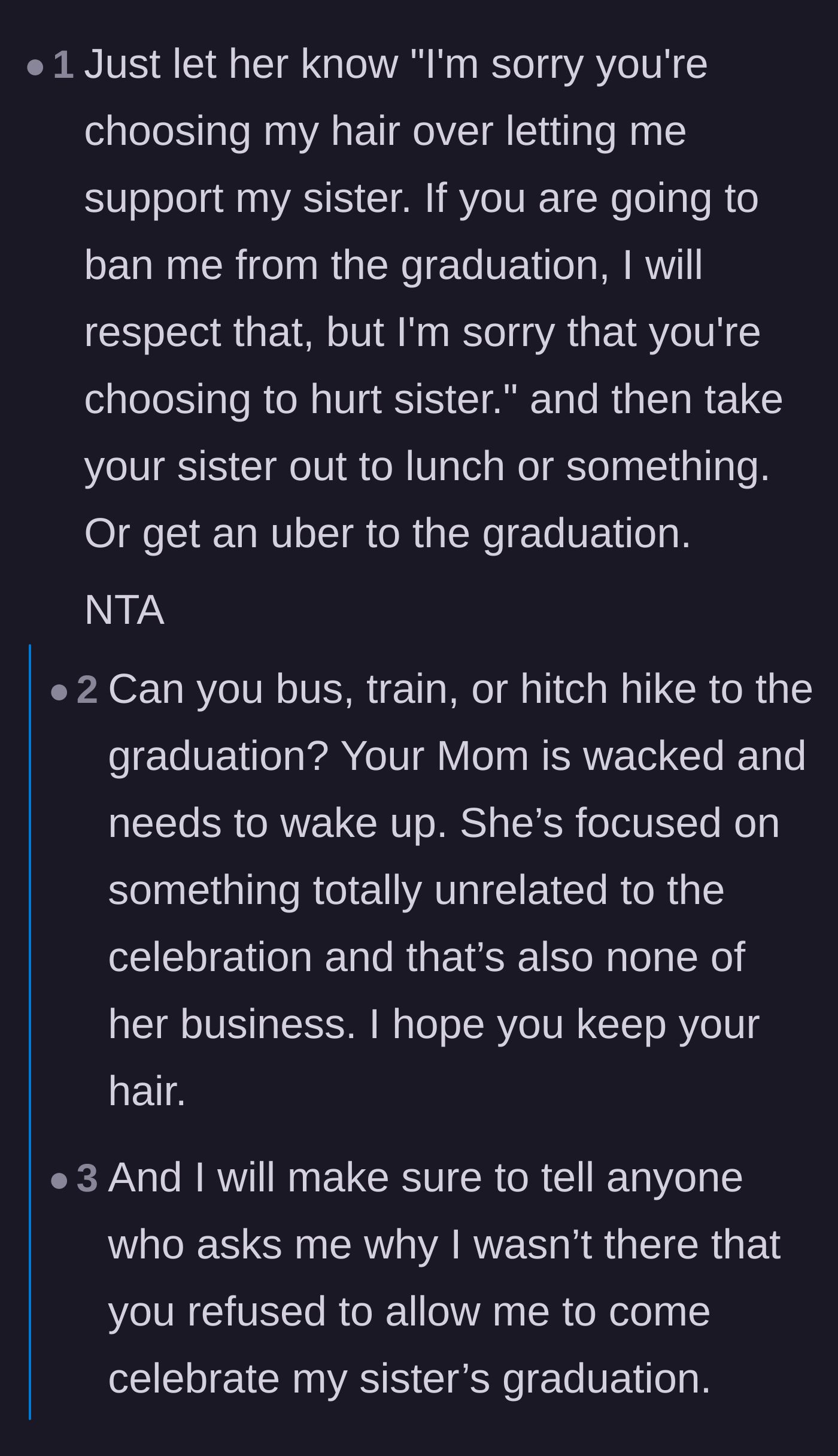 Comment thread 1 - Advice on gracefully redirecting the guilt trip back onto the mother and finding alternative transport.