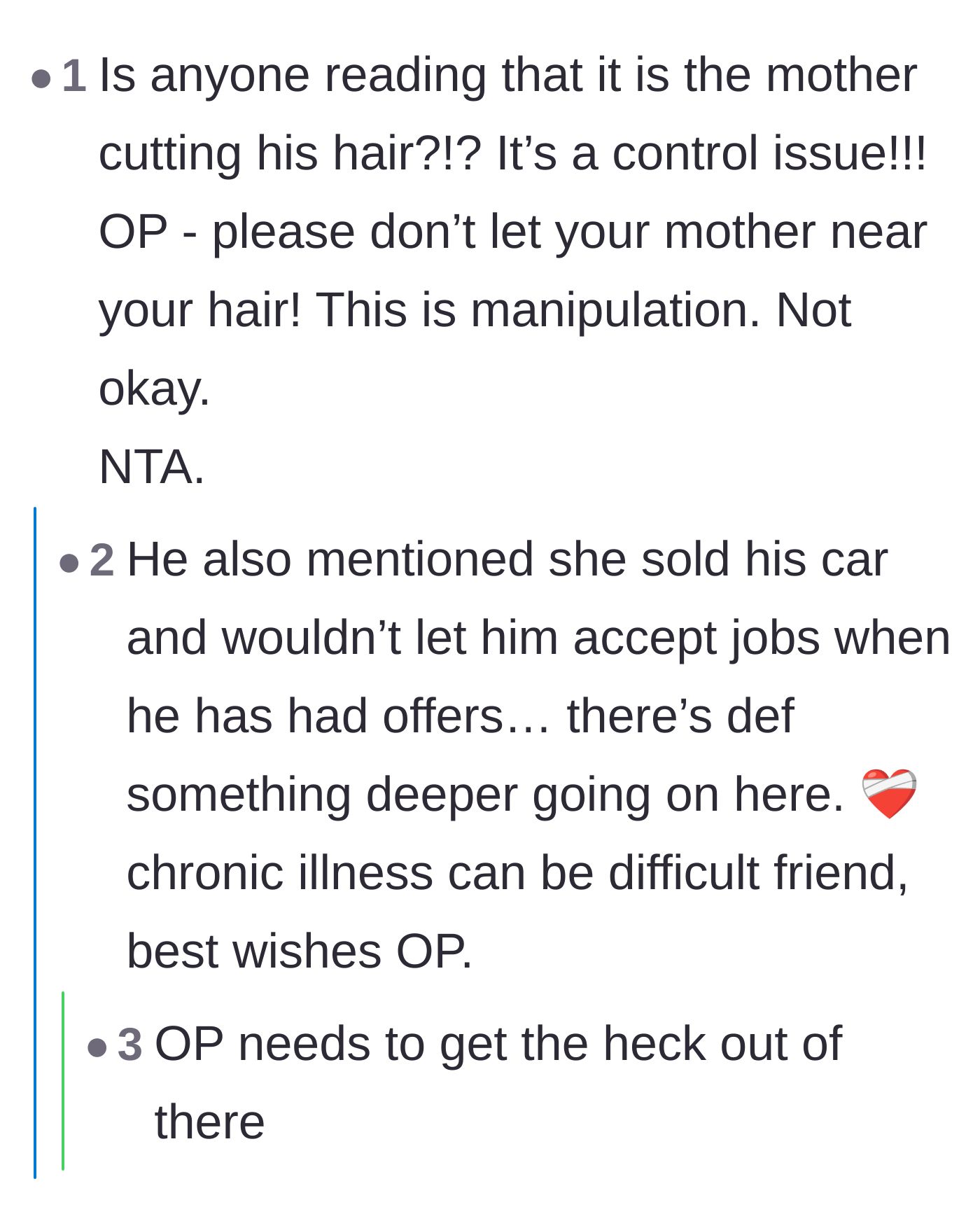 Comment thread 2 - Readers uncovering deeper red flags about the mother's need for control, including sabotaging his career and transportation.