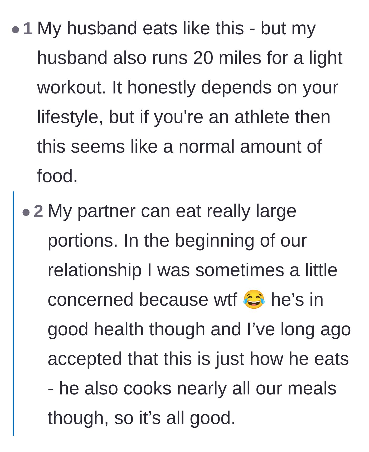 Comment thread 1 - Readers sharing their own amusing experiences with the drastically different metabolic needs of their partners.