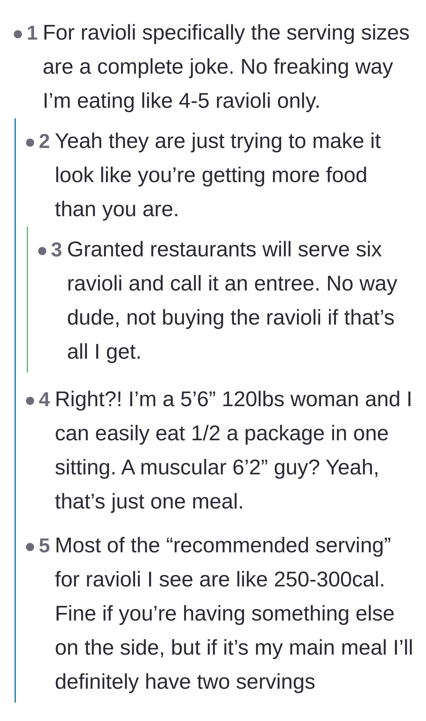 Comment thread 2 - A fiery debate on how frozen pasta serving sizes are notoriously small and unrealistic.