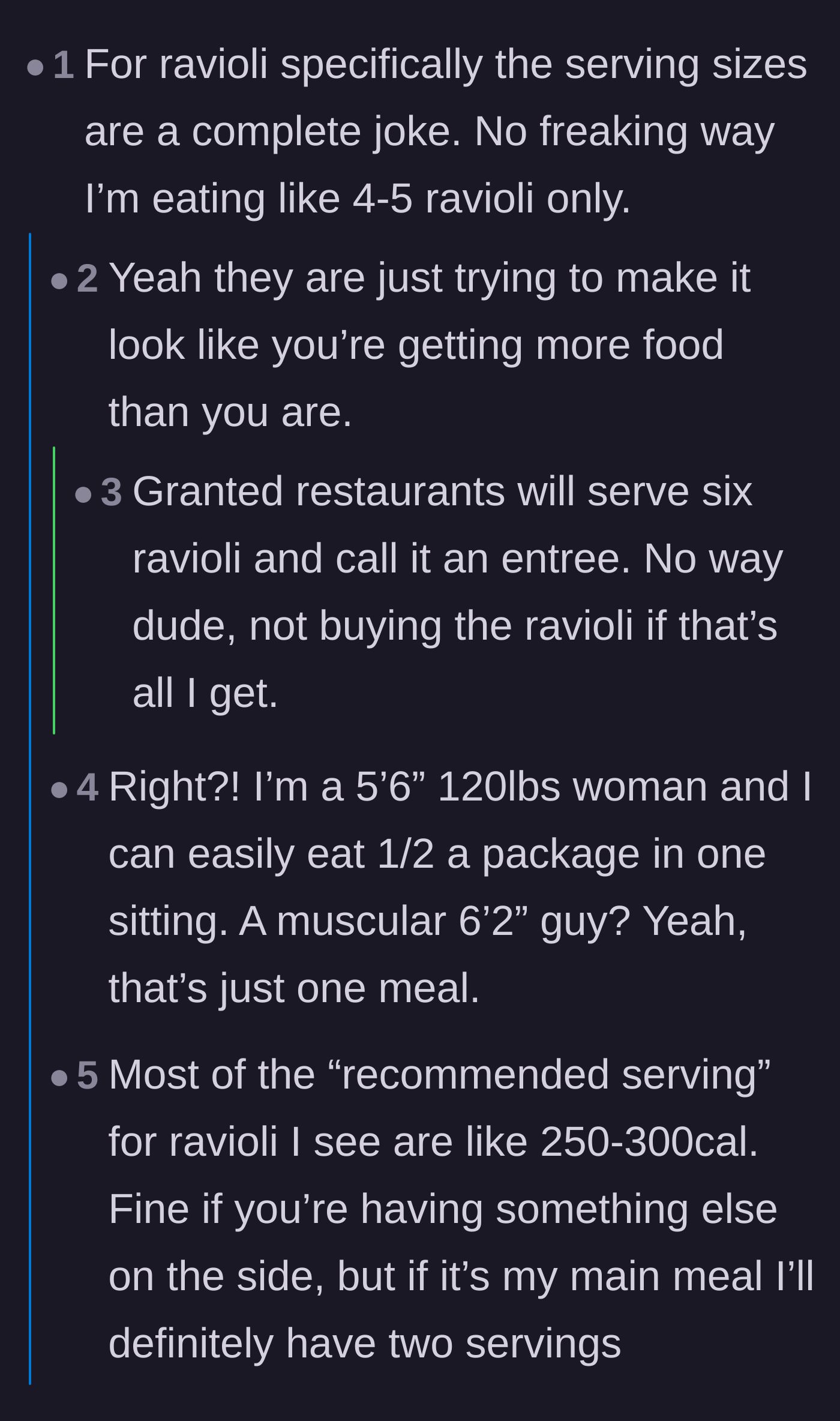 Comment thread 2 - A fiery debate on how frozen pasta serving sizes are notoriously small and unrealistic.