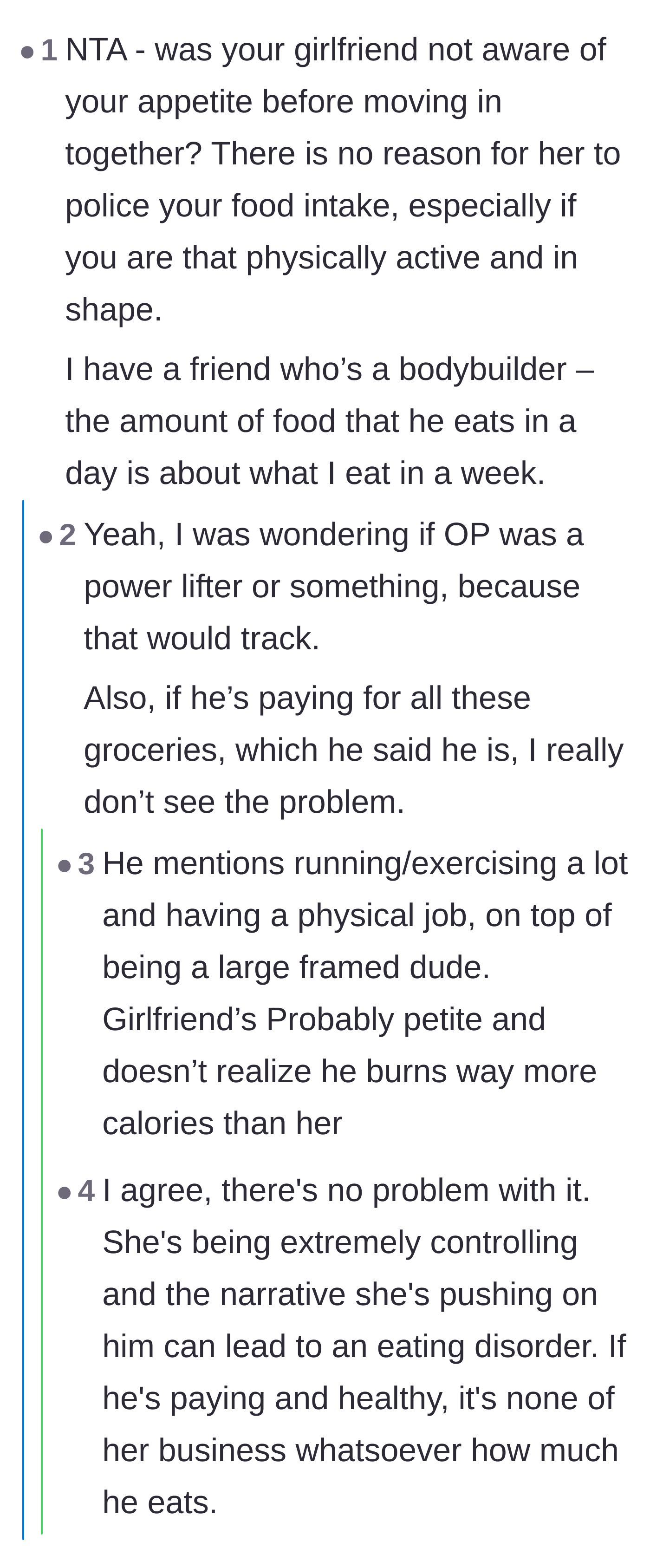Comment thread 3 - Readers questioning how the girlfriend was unaware of his massive appetite before they moved in together.