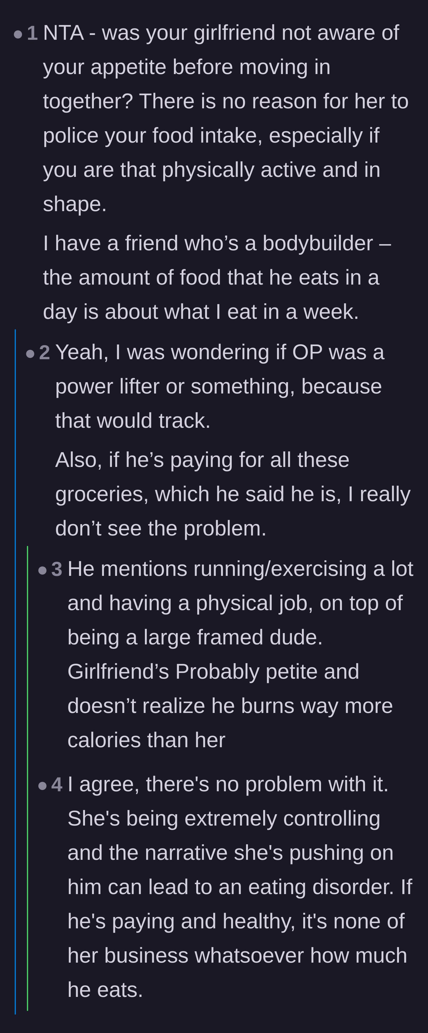 Comment thread 3 - Readers questioning how the girlfriend was unaware of his massive appetite before they moved in together.