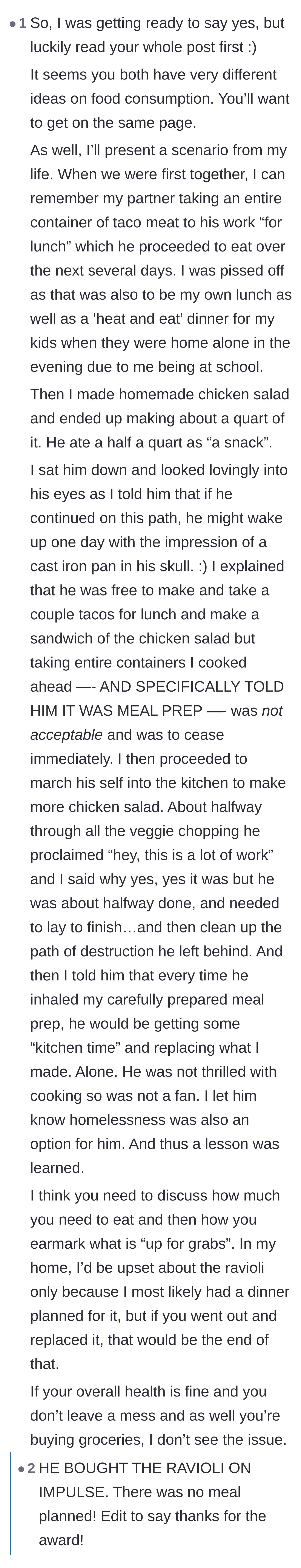 Comment thread 4 - Advice on establishing strict boundaries for meal-prepped food versus impulse snacks.