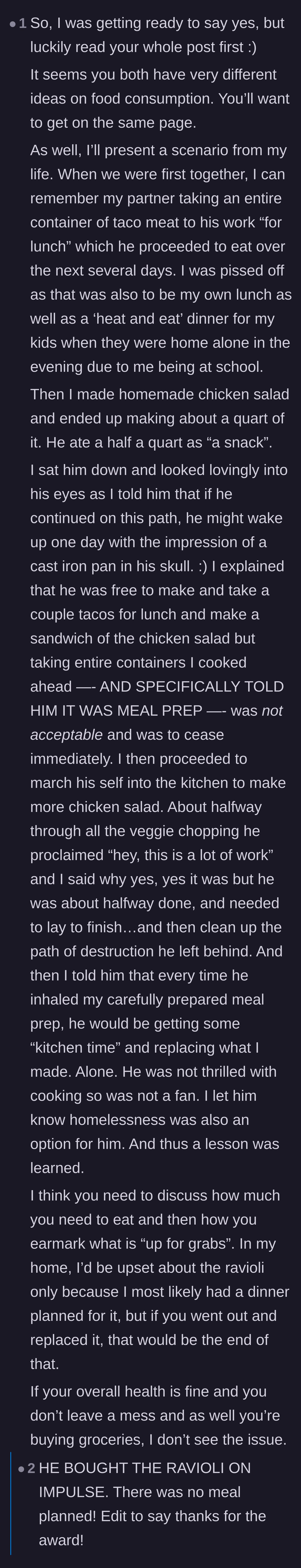 Comment thread 4 - Advice on establishing strict boundaries for meal-prepped food versus impulse snacks.