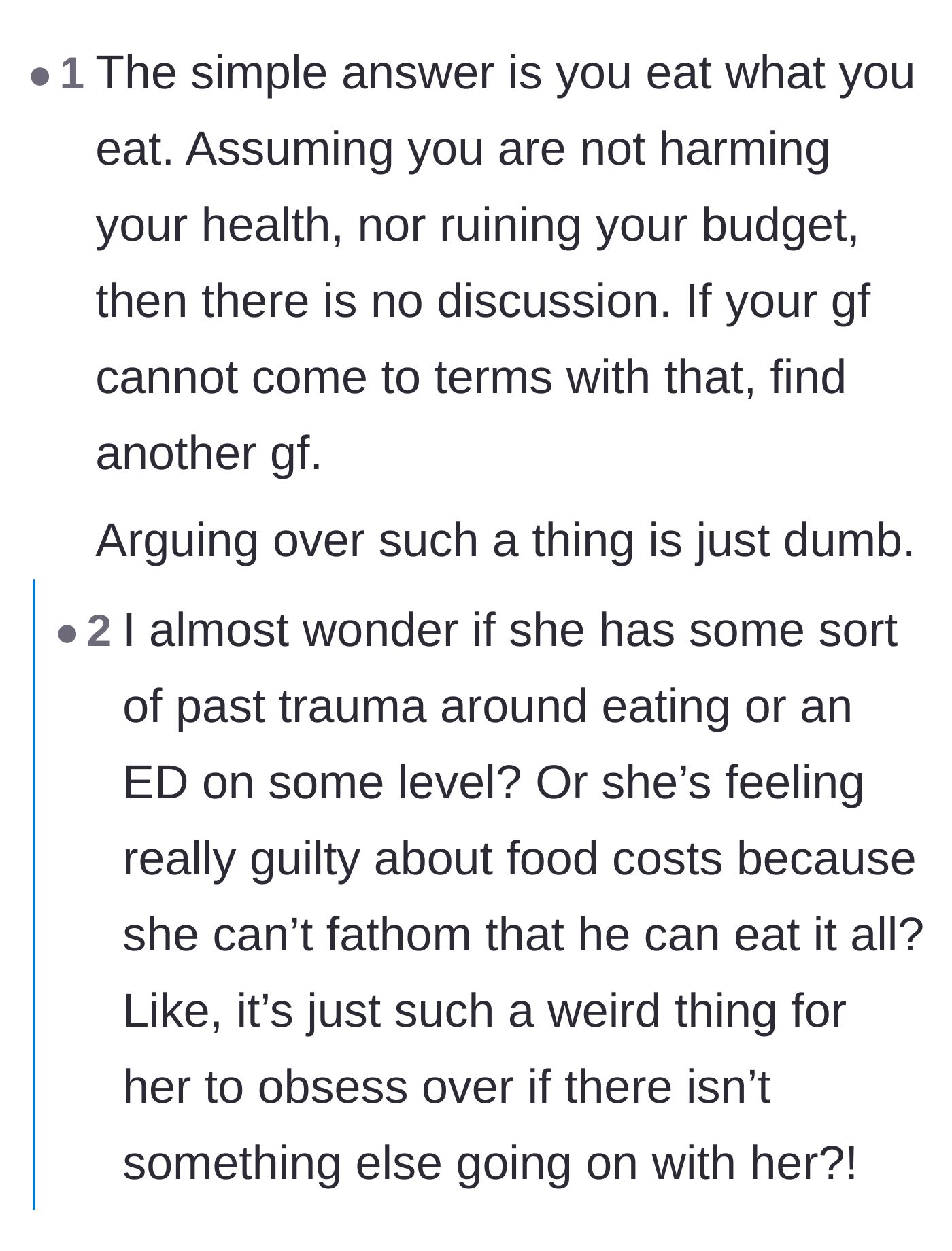 Comment thread 5 - Speculation about whether the girlfriend's intense food policing stems from past food insecurity or childhood trauma.