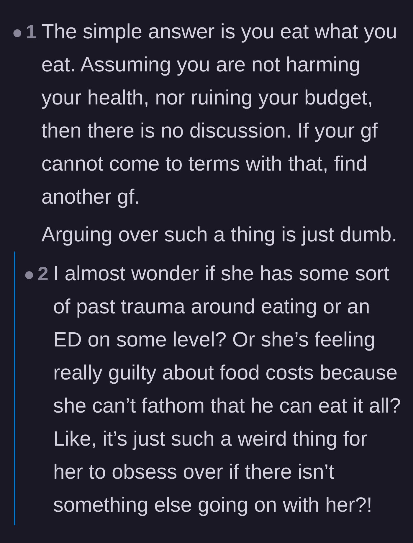 Comment thread 5 - Speculation about whether the girlfriend's intense food policing stems from past food insecurity or childhood trauma.