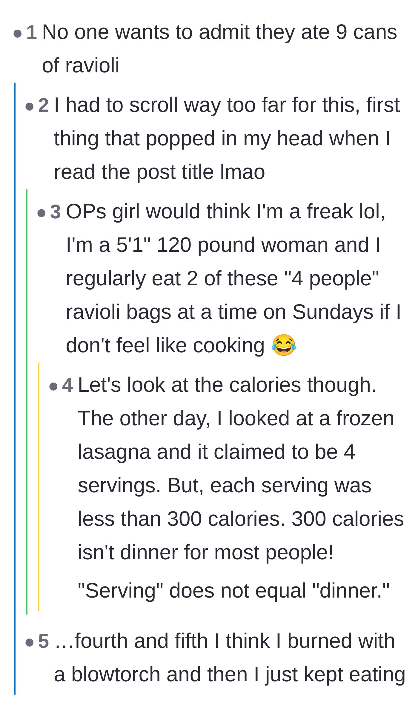 Comment thread 6 - Pop culture references and jokes about the universal, unspoken shame of eating massive quantities of ravioli.
