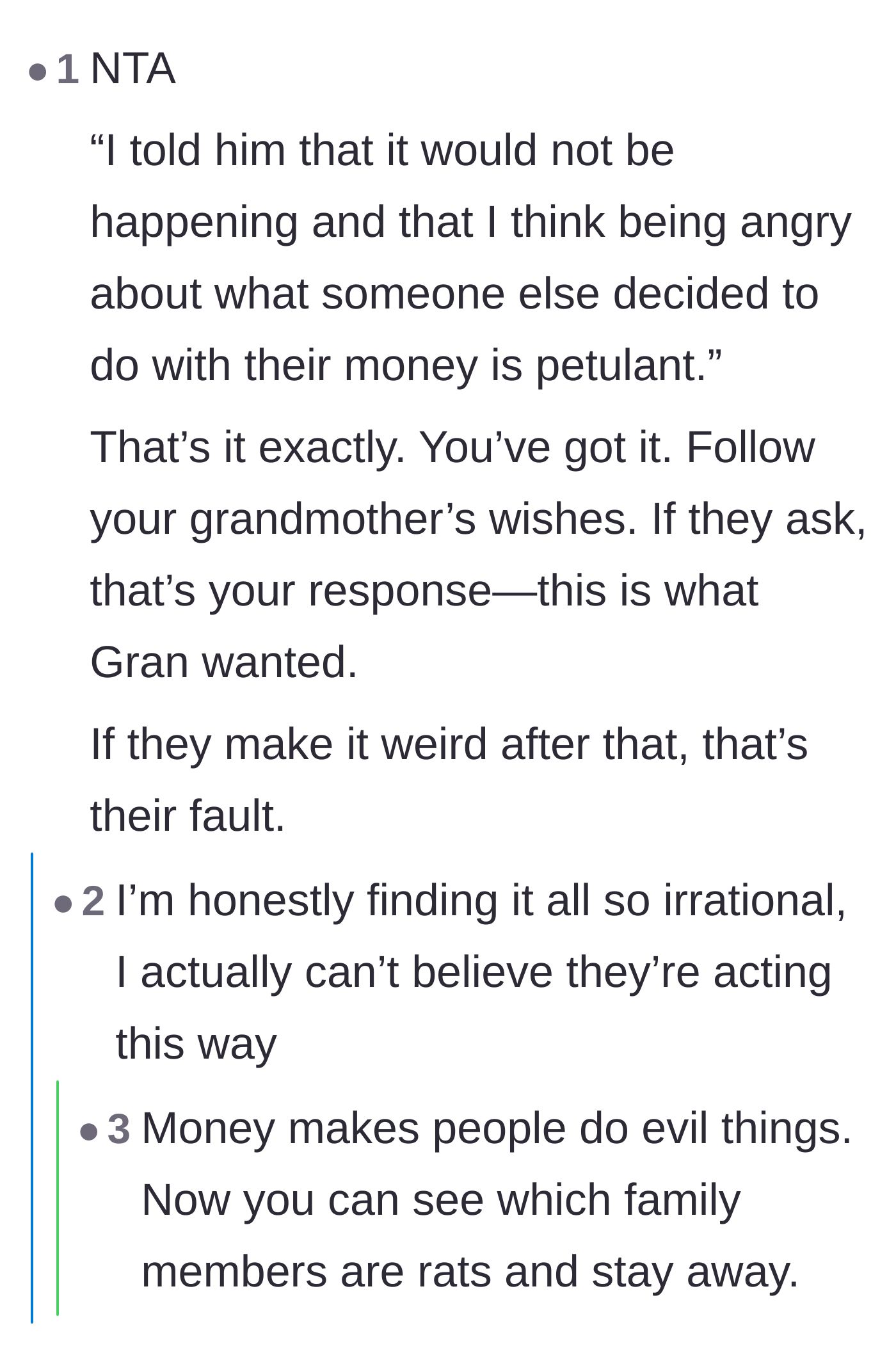 Comment thread 1 - Discussing the uncle's shift to bullying tactics since he has no legal claim to the money