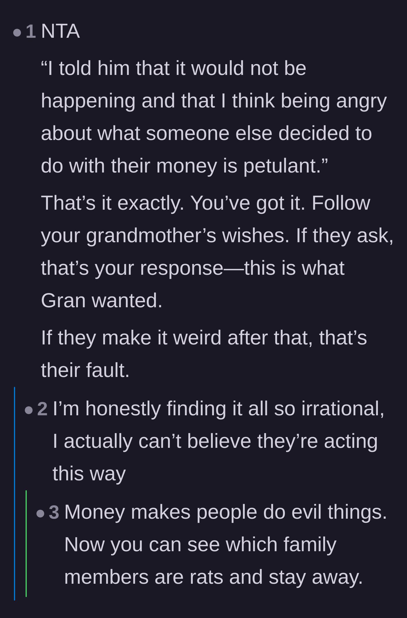 Comment thread 1 - Discussing the uncle's shift to bullying tactics since he has no legal claim to the money