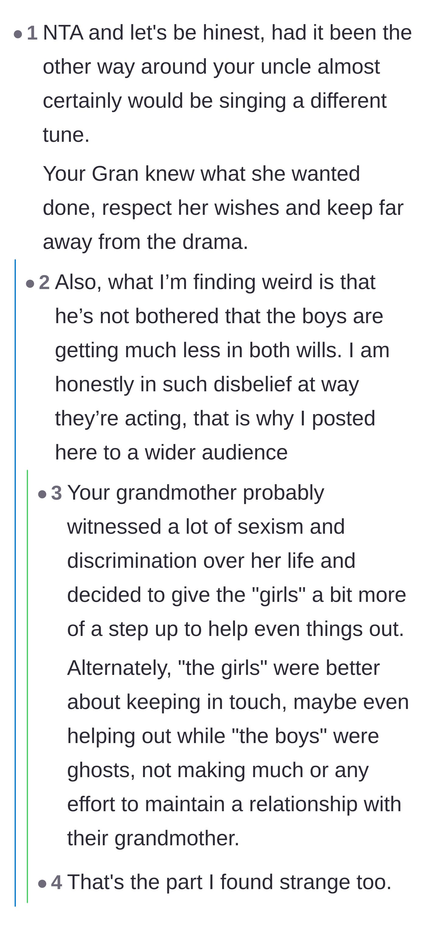 Comment thread 3 - Pointing out the uncle's selective outrage and his blatant disregard for the male cousins getting less