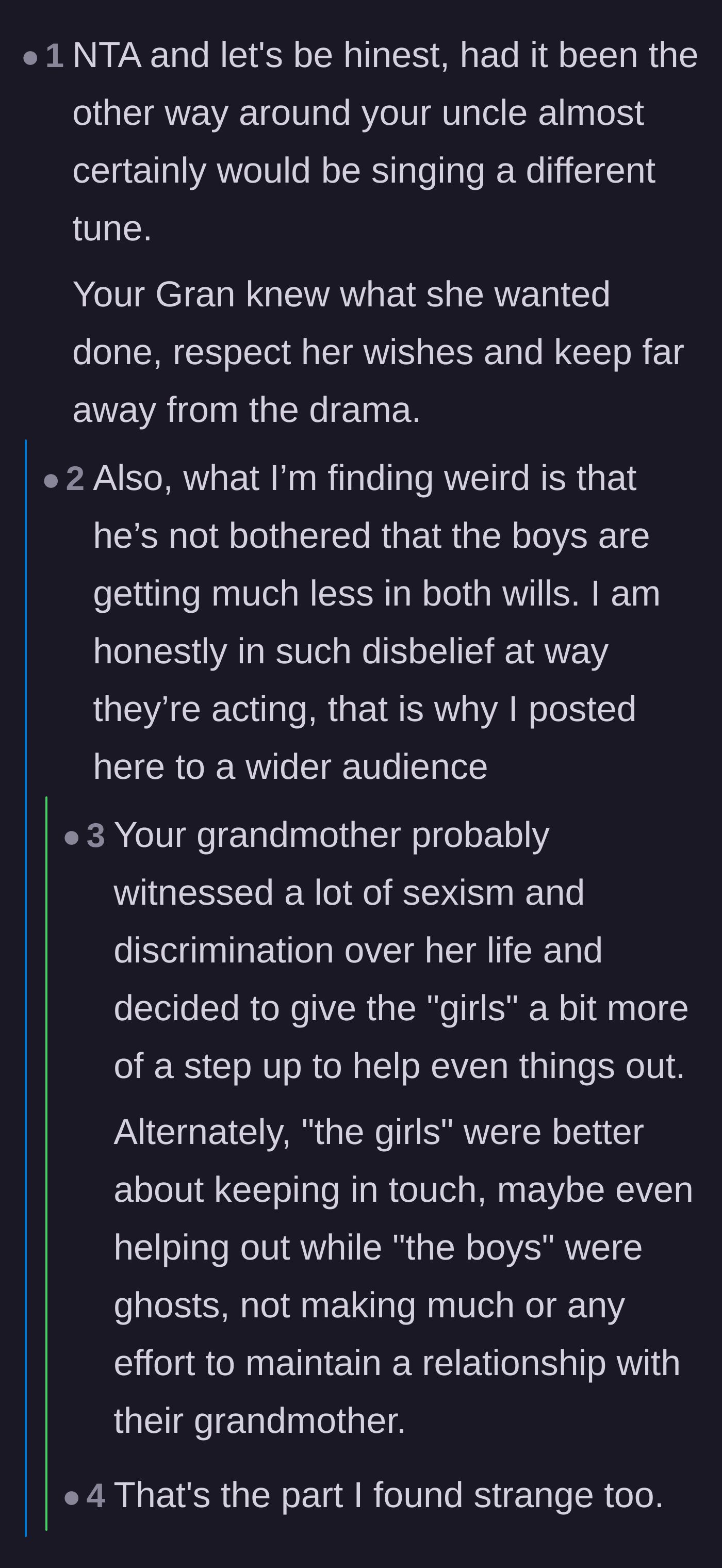 Comment thread 3 - Pointing out the uncle's selective outrage and his blatant disregard for the male cousins getting less