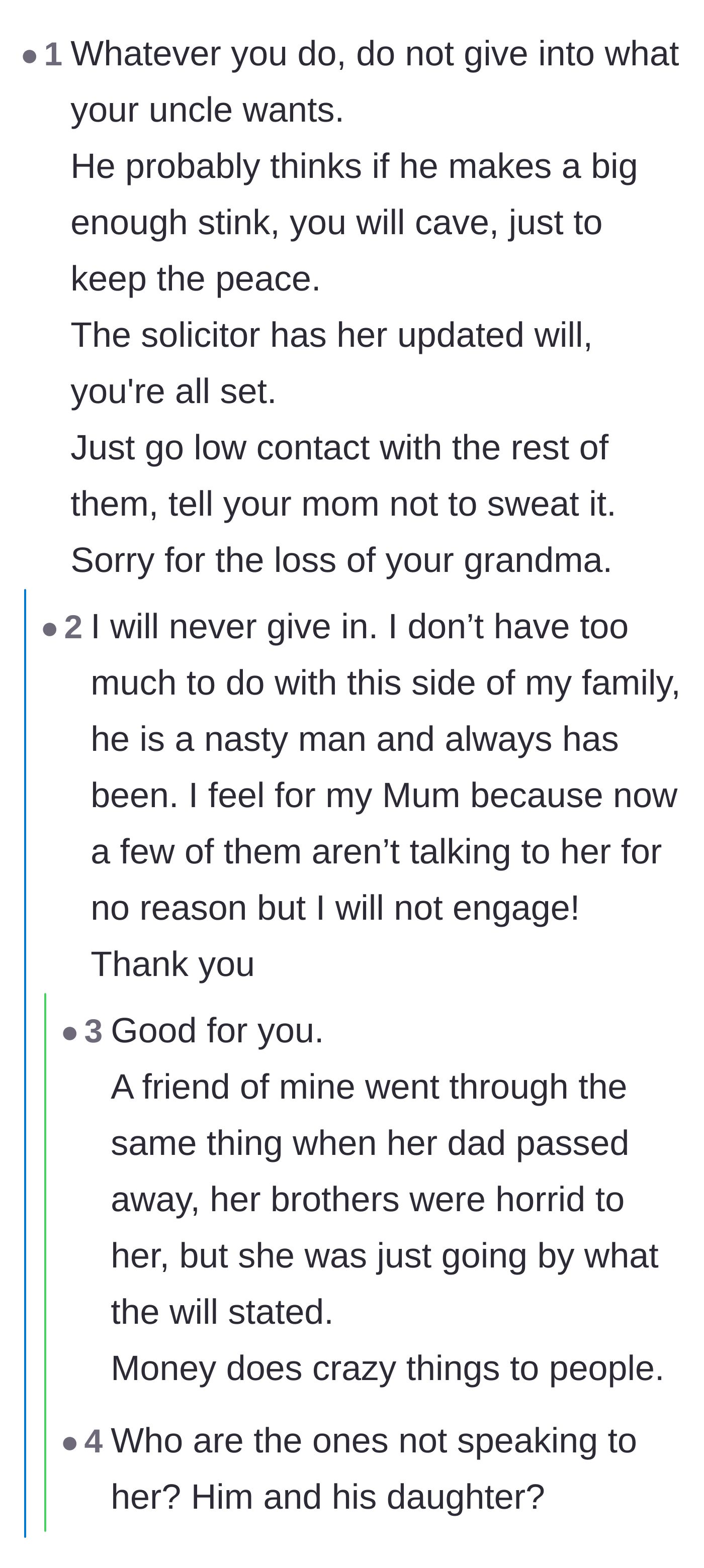 Comment thread 5 - Advice on holding firm against the uncle's bullying and protecting the mother's peace of mind
