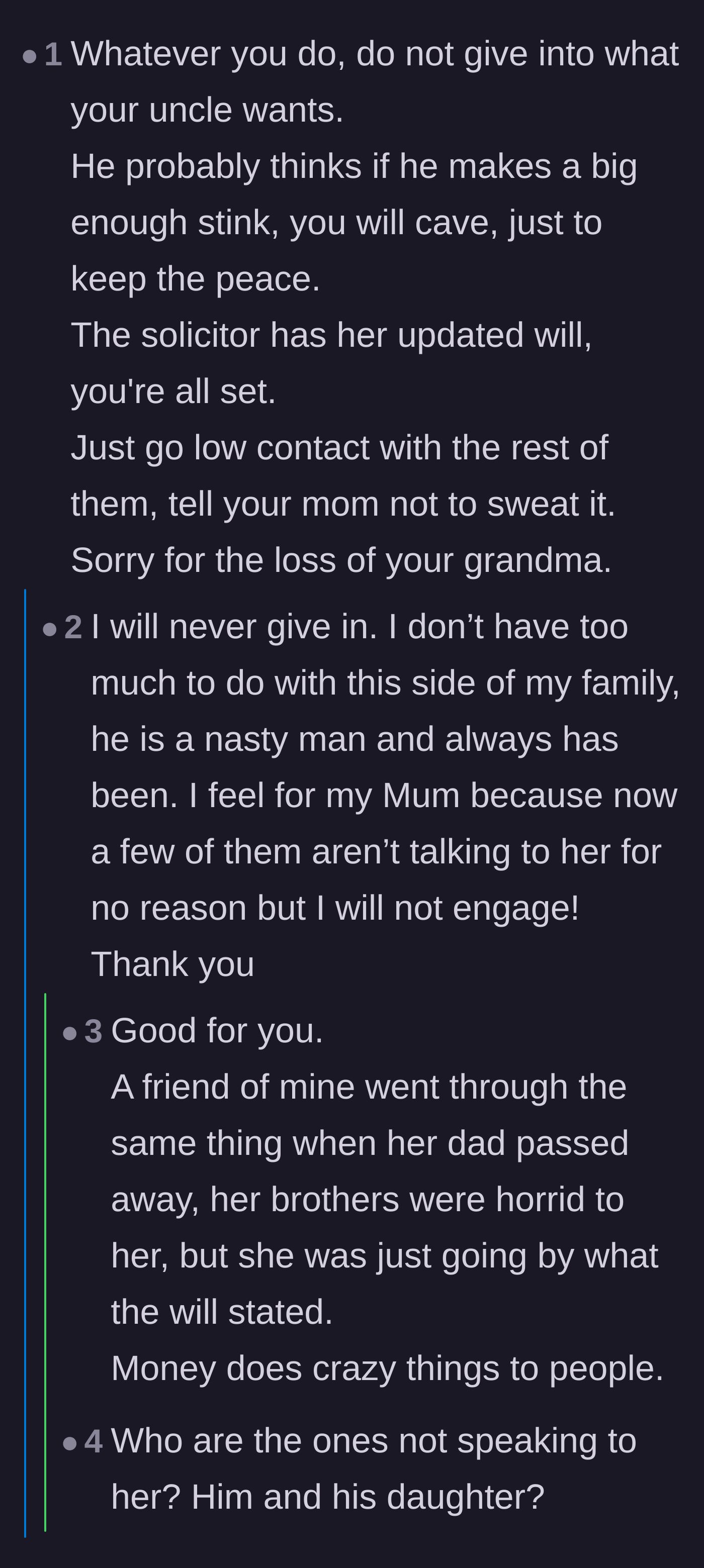 Comment thread 5 - Advice on holding firm against the uncle's bullying and protecting the mother's peace of mind