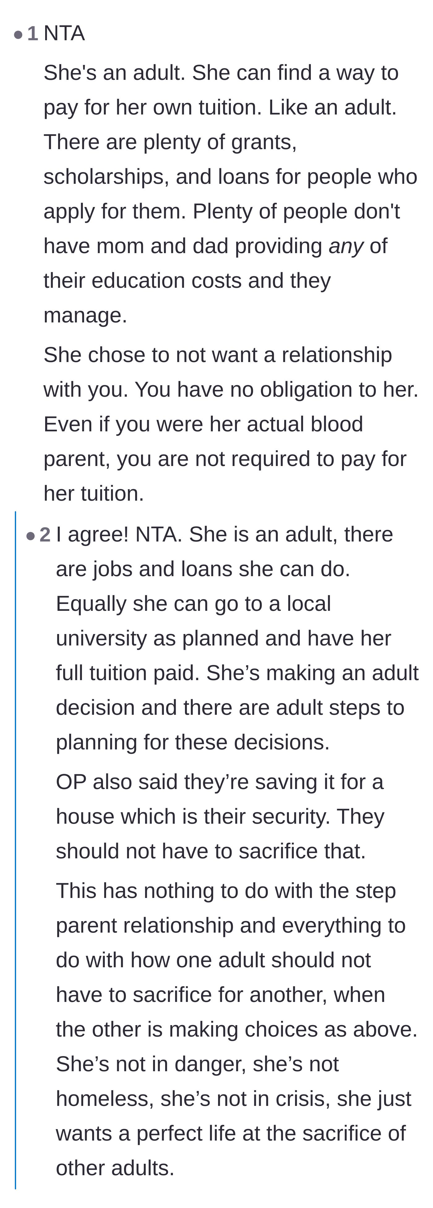 Comment thread 1 - Readers point out that the stepdaughter is an adult who can apply for loans and that her sudden personality shift proves she was only acting nice for the cash.