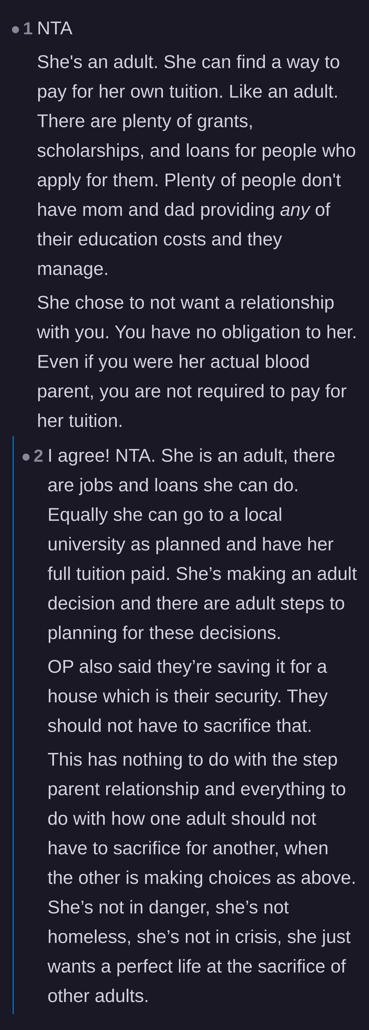 Comment thread 1 - Readers point out that the stepdaughter is an adult who can apply for loans and that her sudden personality shift proves she was only acting nice for the cash.